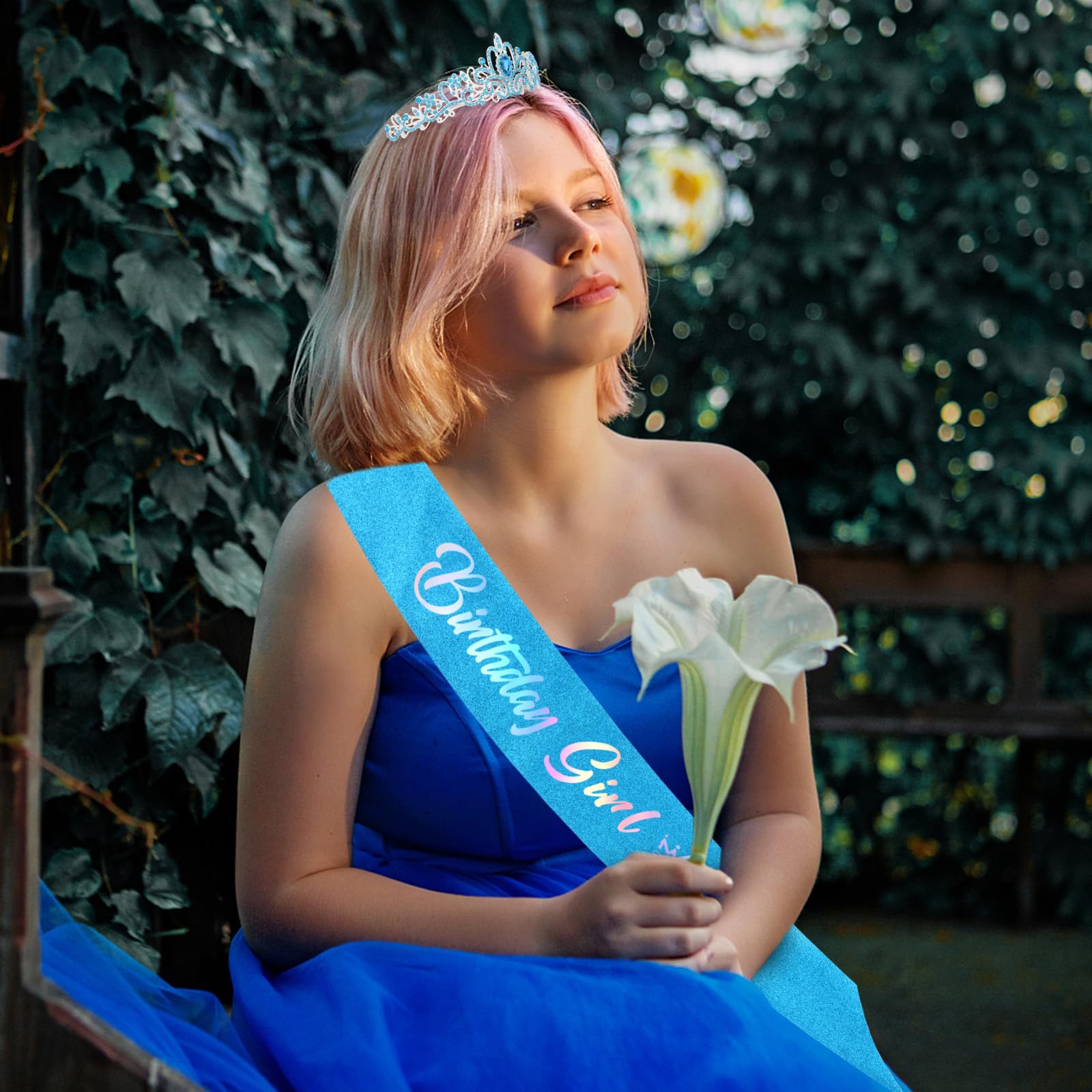 CIEHER Girl Sash and Crown Tiara Blue - Birthday Decorations and Gifts for Women and Girls