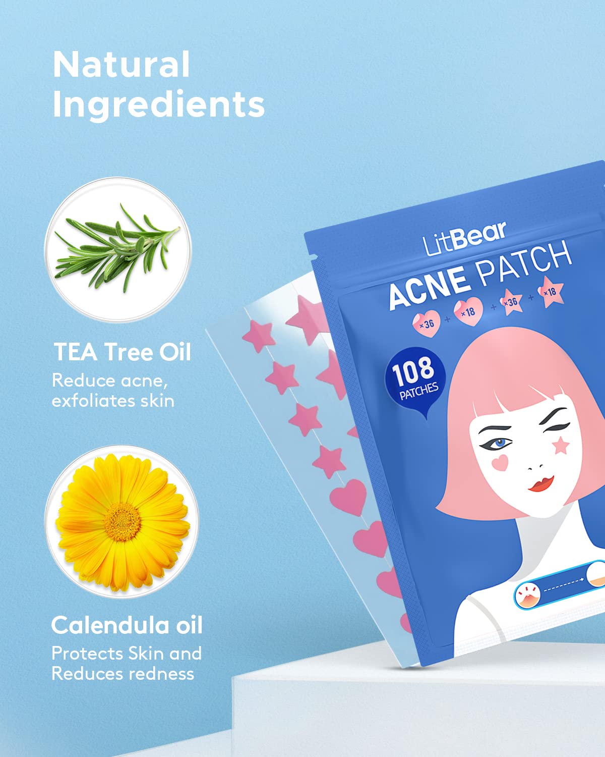 LitBear Acne Patch Pimple Patch, Pink Heart & Star Shaped Absorbing Cover Hydrocolloid Patches For Face Zit, Acne Dots, Tea Tree