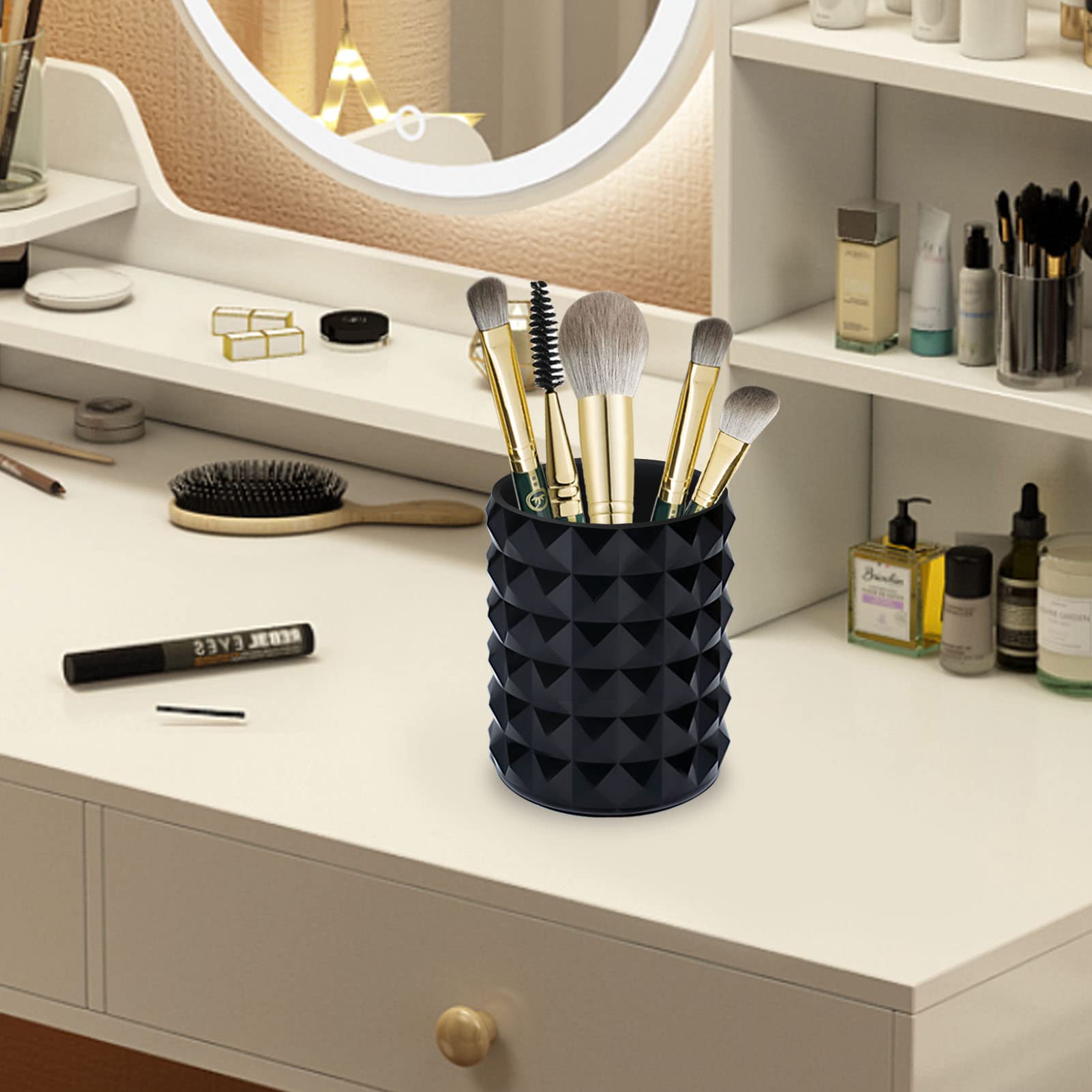 Funtygy Acrylic Makeup Brush Holder Organizer, Clear Pencil Pen Holder, Crystal Cosmetics Brushes Cup Storage Solution, Round