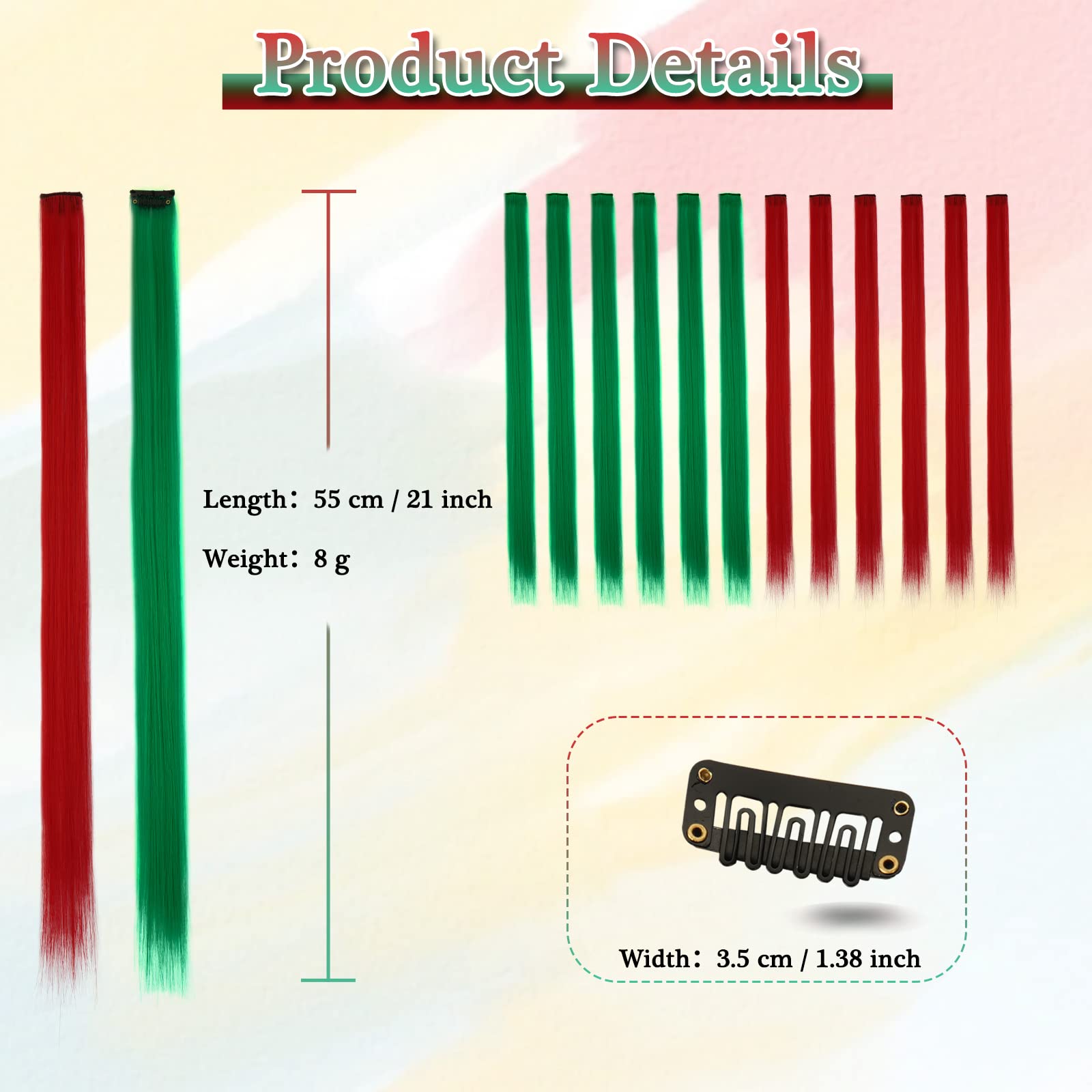 Barsdar Colored Hair Extensions Clip In - 22 Inch 12 Pcs Party Highlights Red And Green Clip In Hair Extensions Straight Synthet