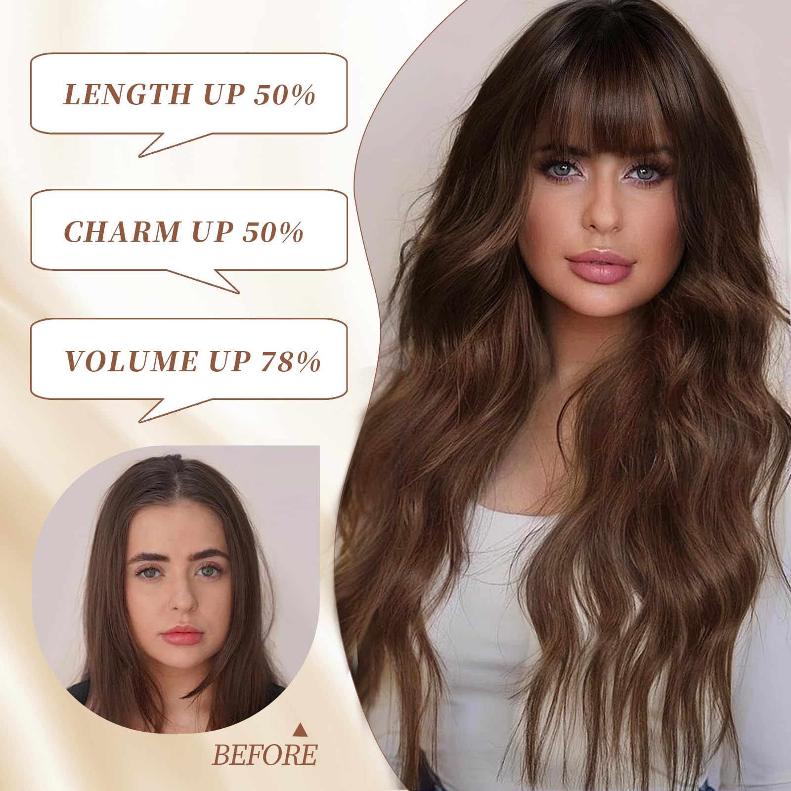 Lativ Brown Wig With Bangs Long Wavy Wig With Dark Roots For Women Curly Wavy Wig Synthetic Fiber Natural Looking Hair Replaceme