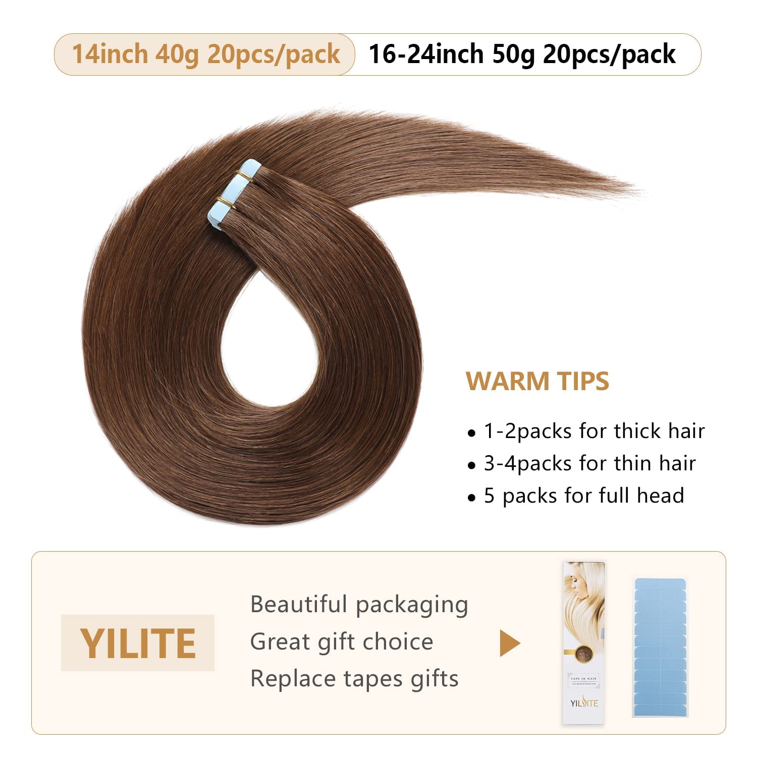 Yilite Tape In Human Hair Extensions #4 Medium Brown 28 Inches 20Pcs 60G Straight Tape In Hair Extensions Human Hair(28 Inch #4