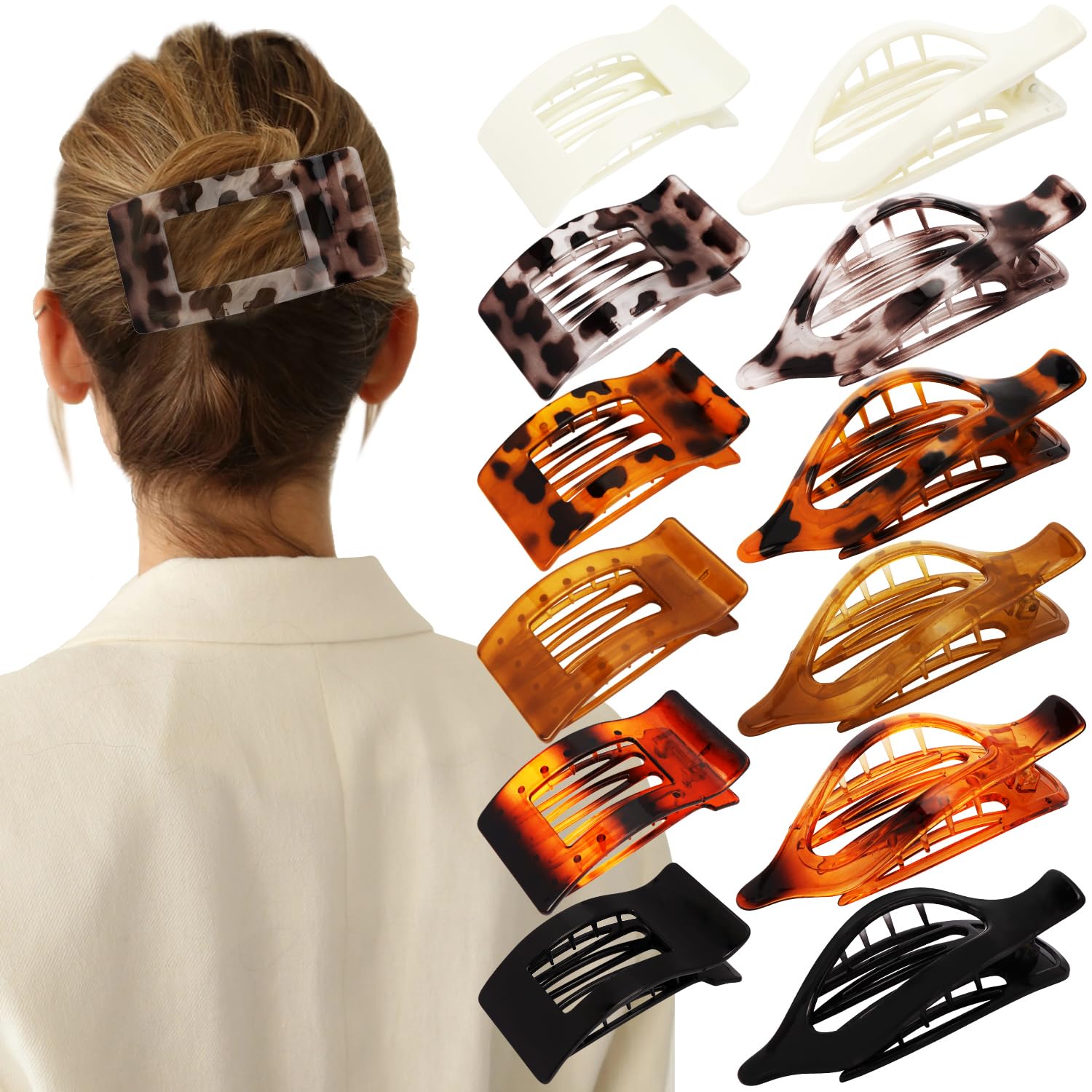 Velscrun Flat Hair Clips for Women Girls, 12 Pack Lay Flat Claw Clips, Large Side French Duck Billed Hair Jaw Claw Clip for All 