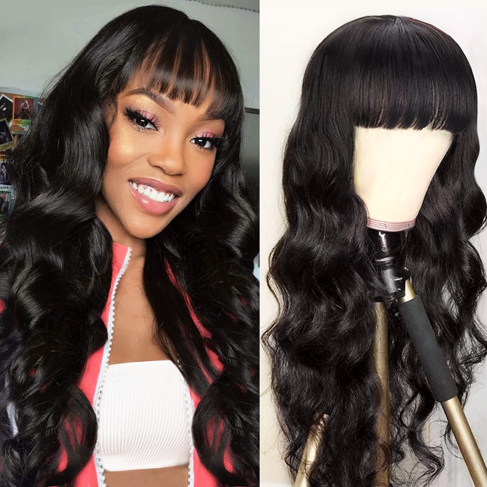 Body Wave Wigs with Bangs Virgin Brazilian None Lace Front Wigs Human Hair Wigs 150% Density Glueless Machine Made Wigs for Blac