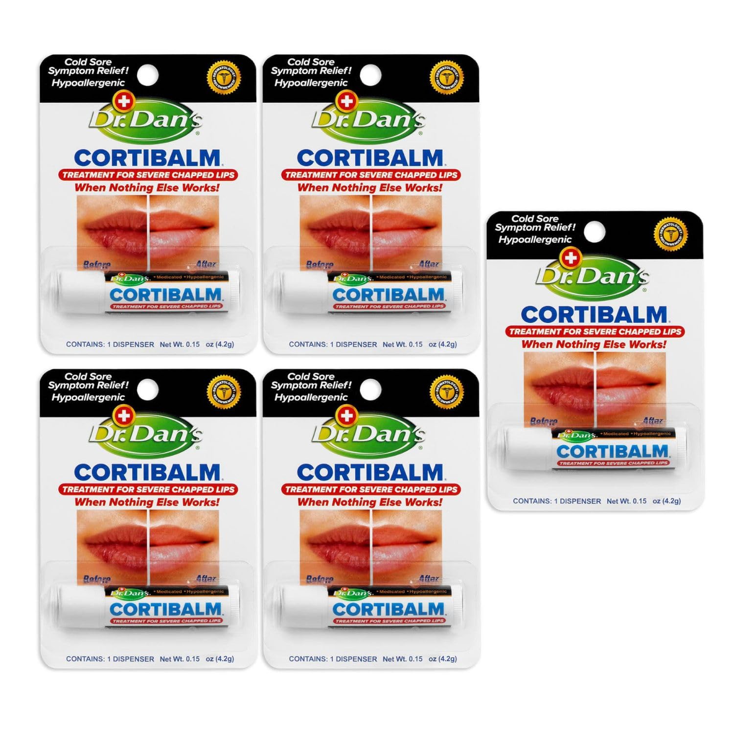 Dr. Dan's Cortibalm-5 Pack- for Dry Cracked Lips- Healing Lip Balm for Severely Chapped Lips - Designed for Men, Women and Child