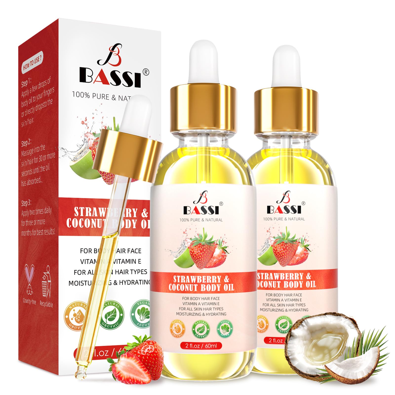 Bassi 2Pcs Organic Coconut Oil Strawberry Moisturizing Body Oil With Vitamin E, Bath Oil For Dry Skin Hydrating, Body Oil, Relax