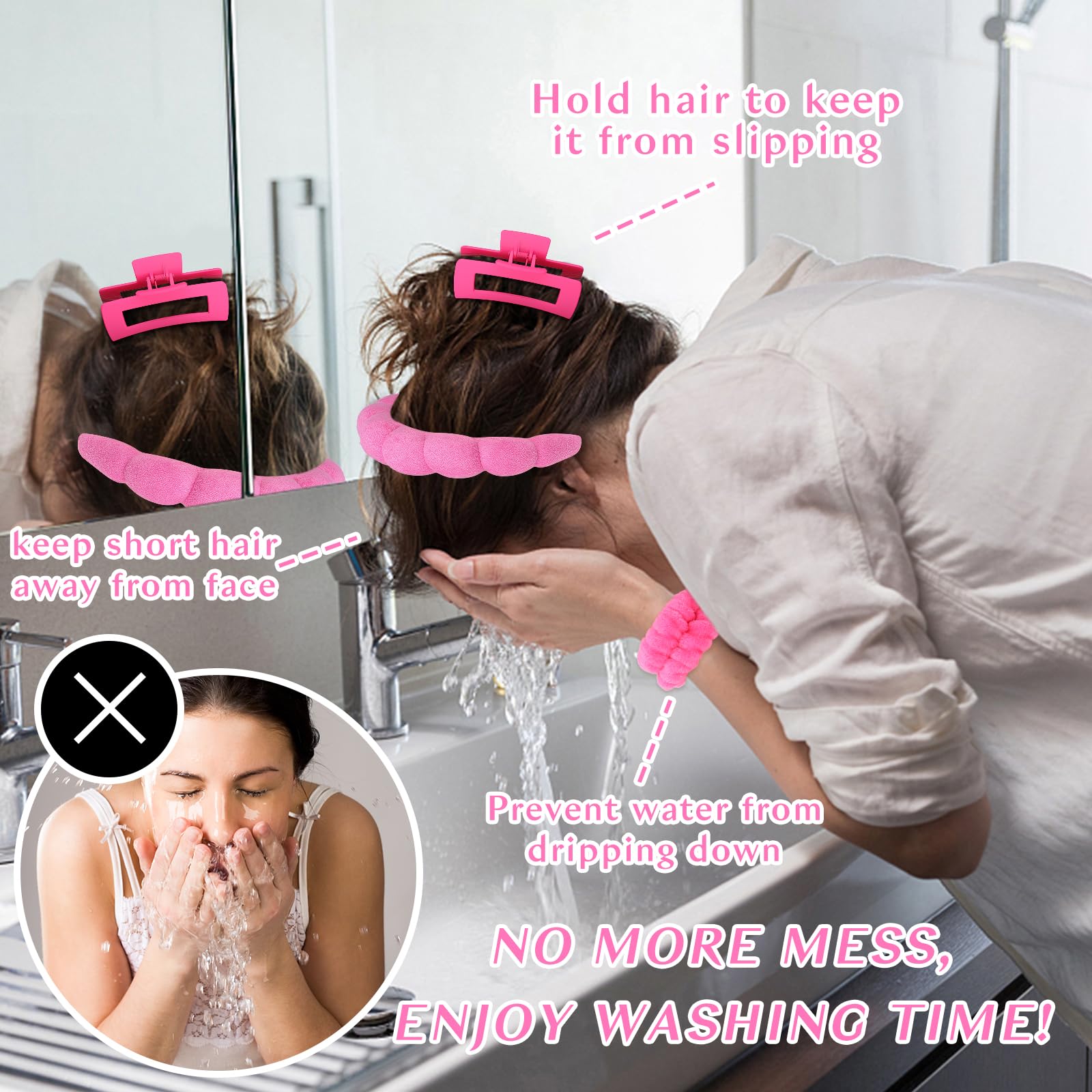 Wecoe Spa Headband And Wristband Set Skincare Headband For Washing Face Hair Claw Clips For Thick Hair Hot Pink Puffy Sponge Mak