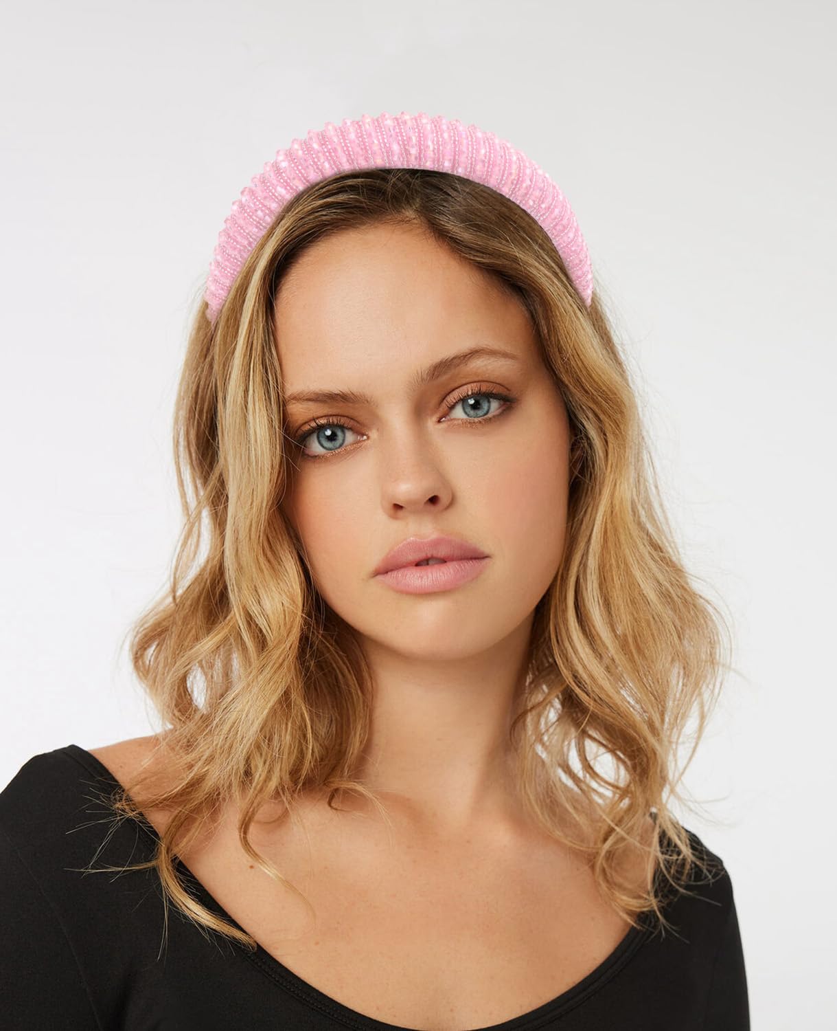 Wecoe White & Pink Rhinestone Headbands, 2pcs Fashion Cute Bling Sparkly Diamond Padded Thick Puffy Hair Bands for Women & Girls