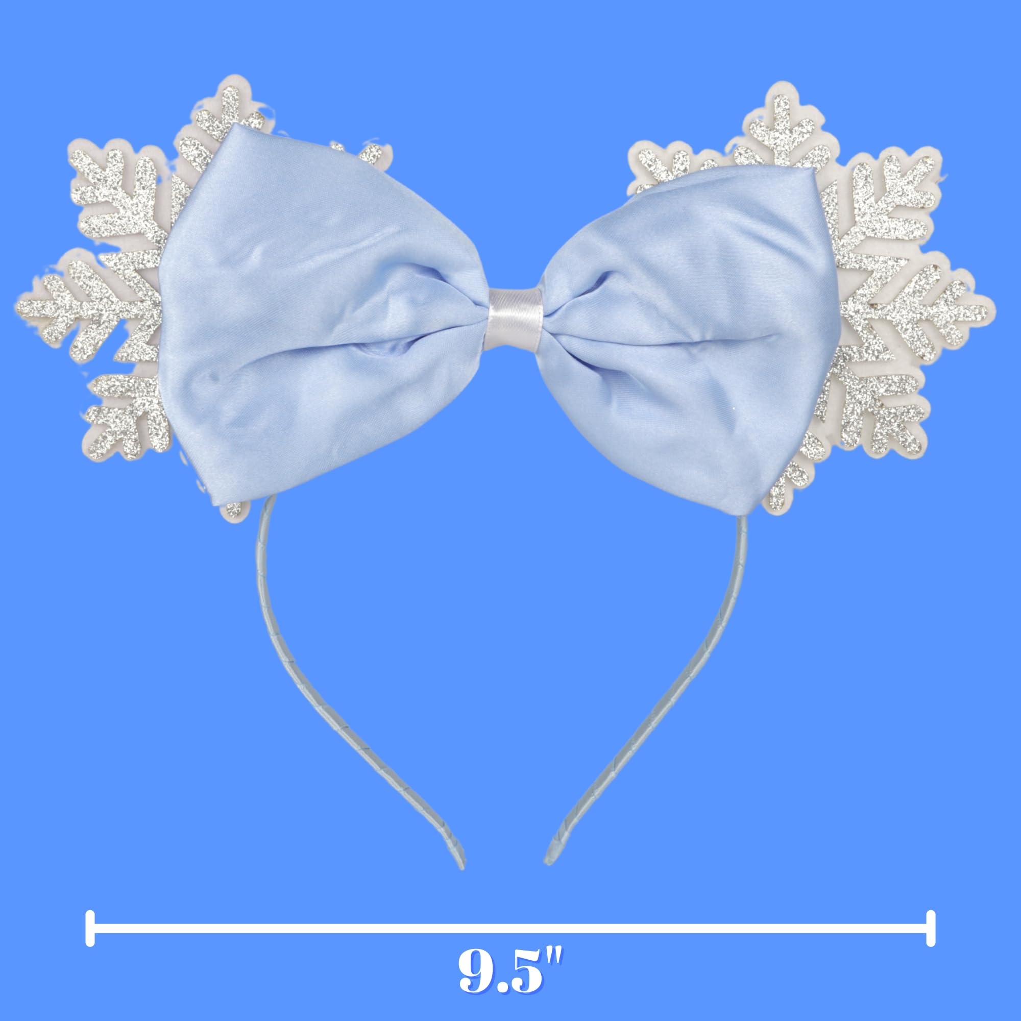 Needzo Snowflake Mouse Ear Headband with Bow, Frozen Glitter Hair Accessory for Women, One Size Fits Most, 9.5 Inches