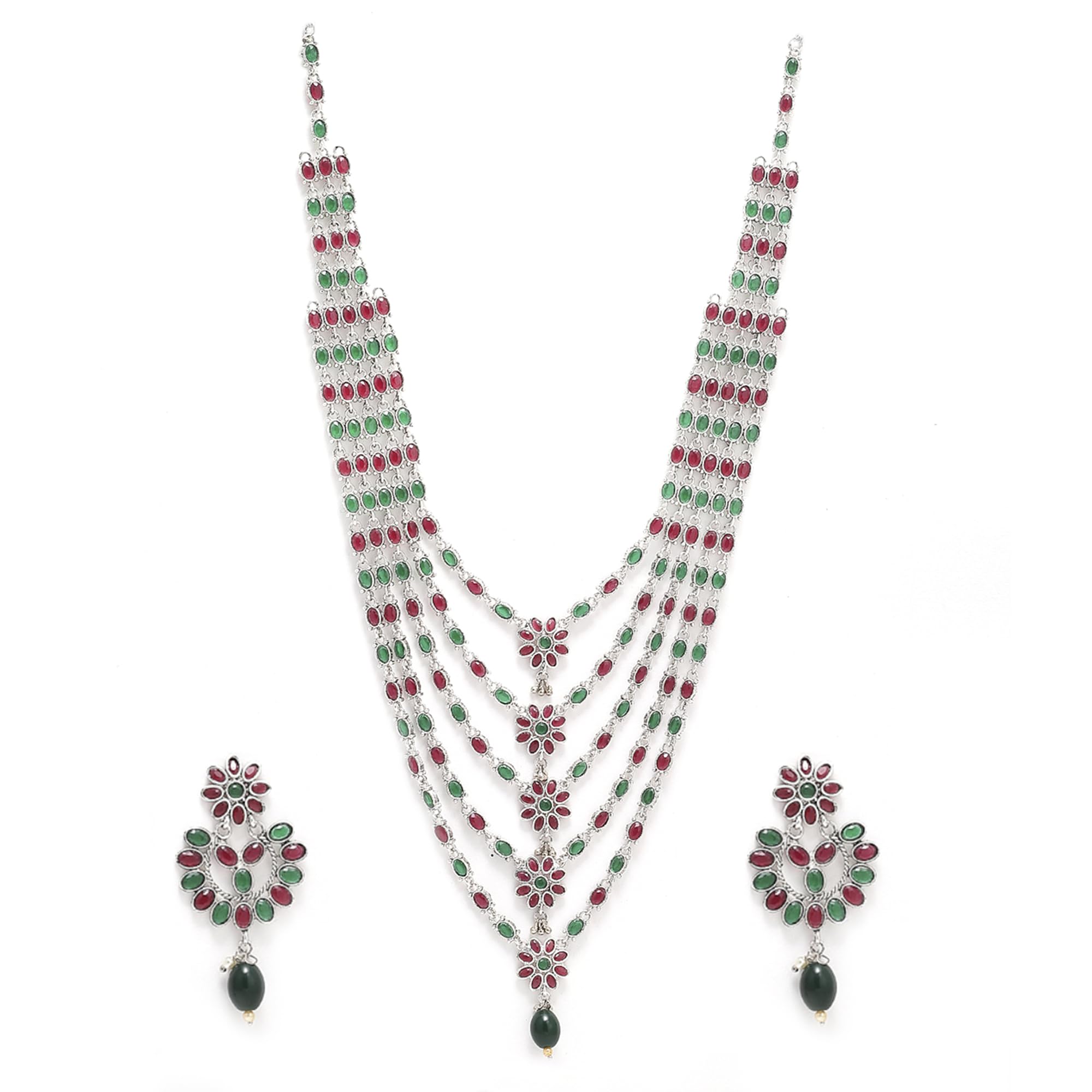 ZENEME Antique Oxidised Silver Plated Flower Shaped Red Green American Diamond Studded Five Layered Light Weight Necklace with E