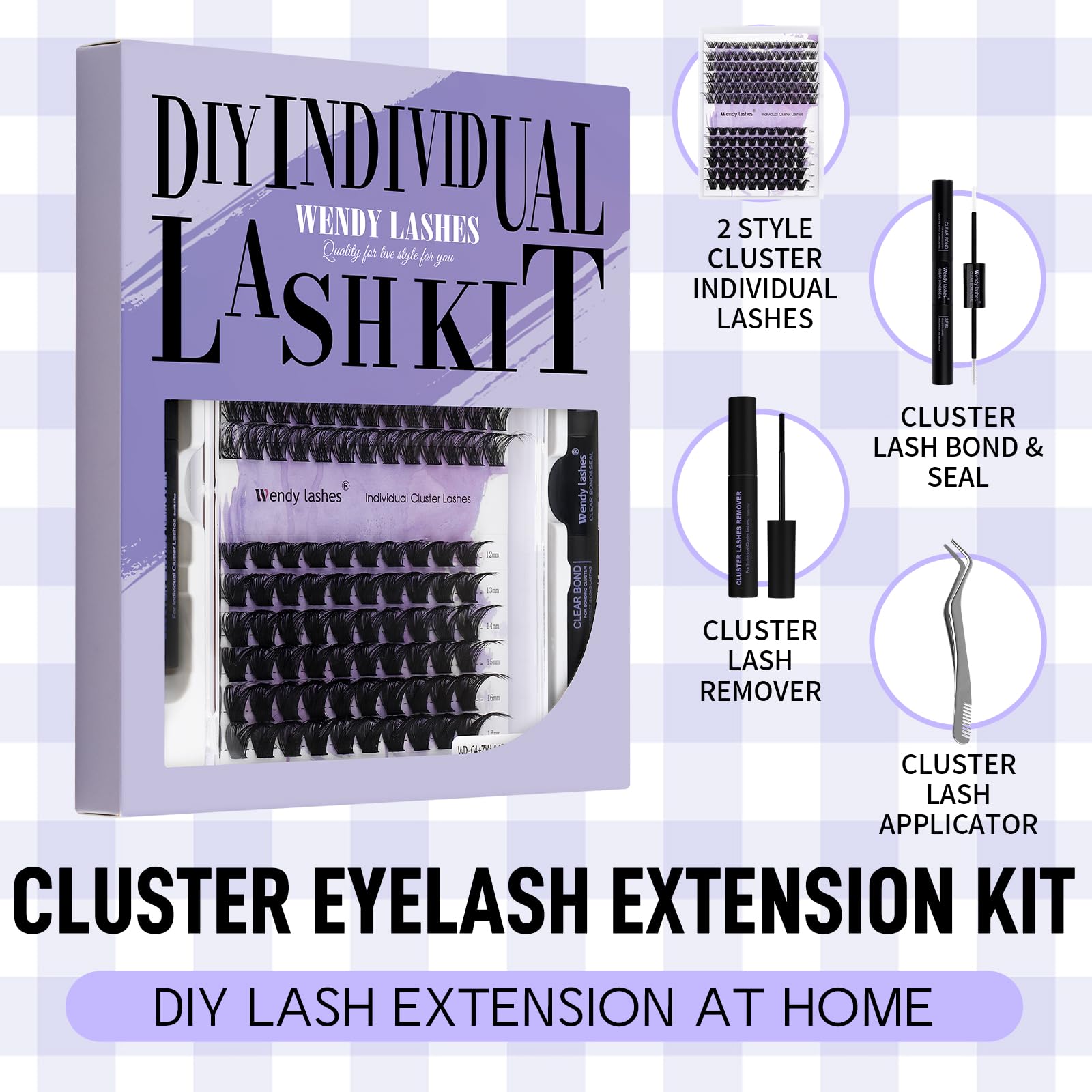 WENDY LASHES DIY Lash Extension Kit - C/D Curl Individual Lashes, 12-16mm, Strong Hold Waterproof Bond & Seal, Black Tweezers