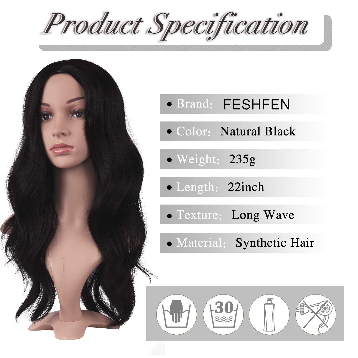 Feshfen Long Black Wigs For Women 22 Inch Curly Wavy Full Wig Middle Parting Wigs Natural Looking Synthetic Wig Extensions For D