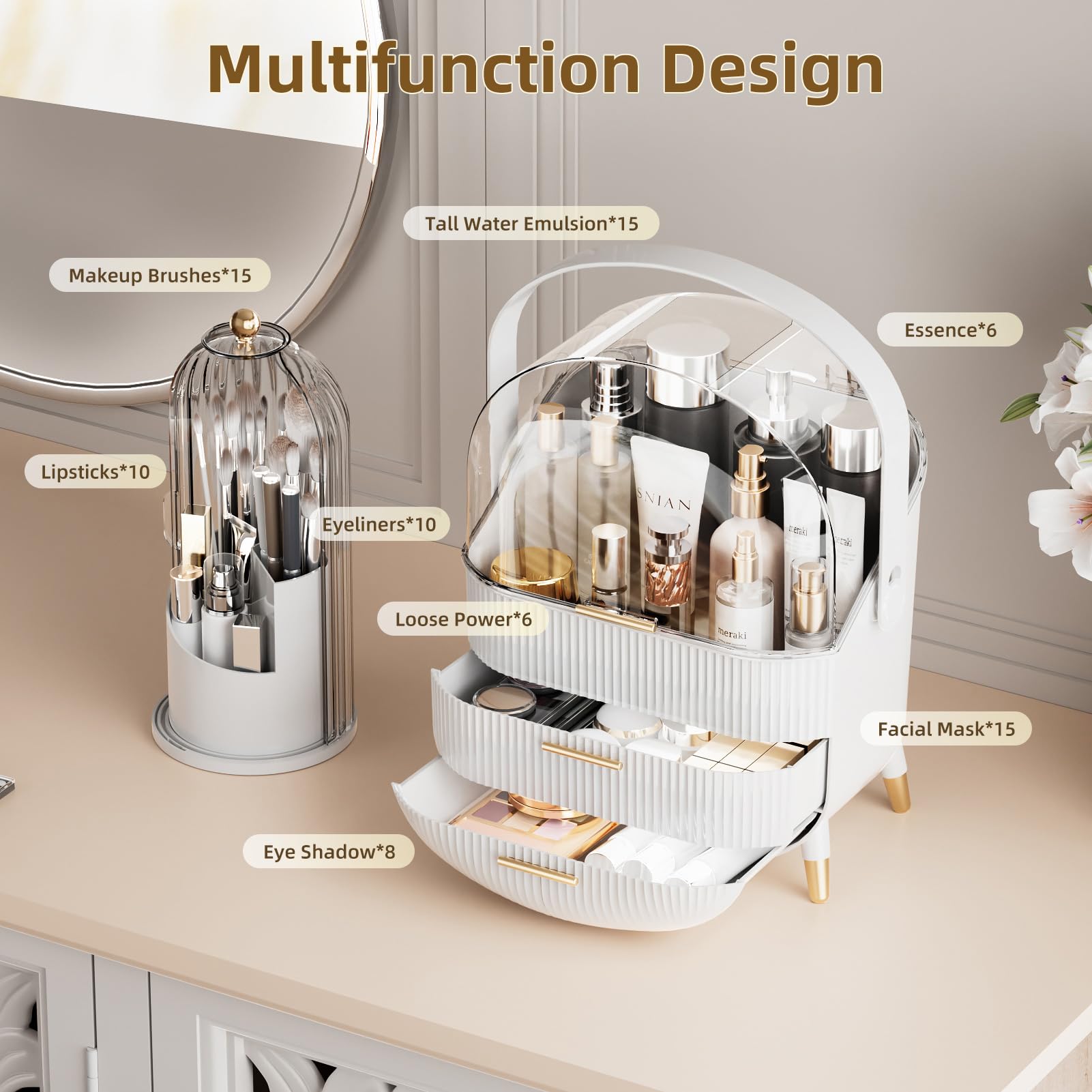 Makeup Organizers Countertop, Makeup organization for Vanity, Cosmetic Storage with Lid and Drawers, Skincare Display Cases with