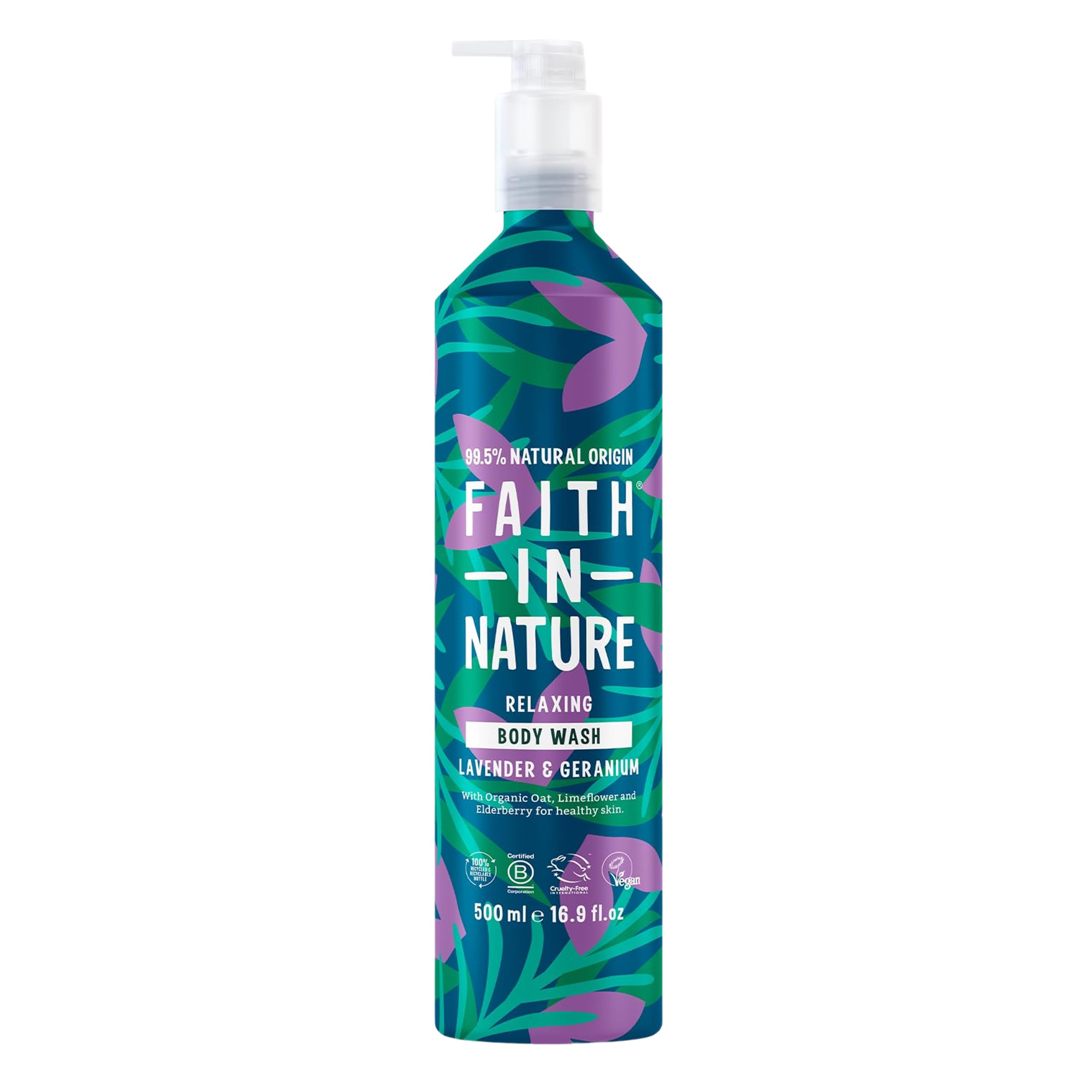 FAITH IN NATURE Natural Aluminium Bottle Body Wash - Vegan & Cruelty Free, No SLS or Parabens - 16.9 fl oz, Lavender & Geranium