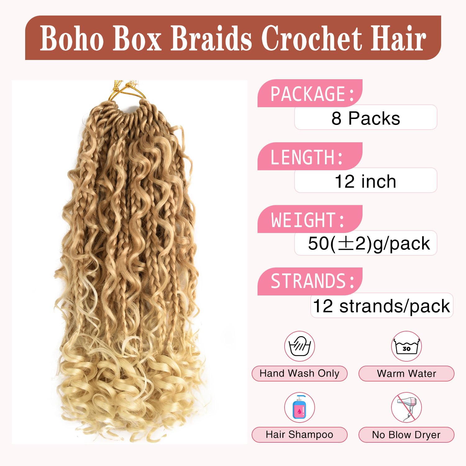 SUN LOCS 12 Inch Goddess Box Braids Crochet Hair - 8 Packs, Synthetic, Color 27/613# with Curl Ends