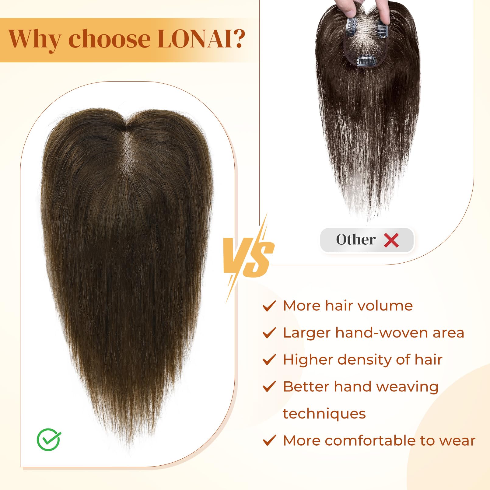 Lonai Real Human Hair Topper, 10 Inch 100% Human Hair Toppers For Thinning Hair, Large Hand-Woven Area Coverage Natural Hairpiec