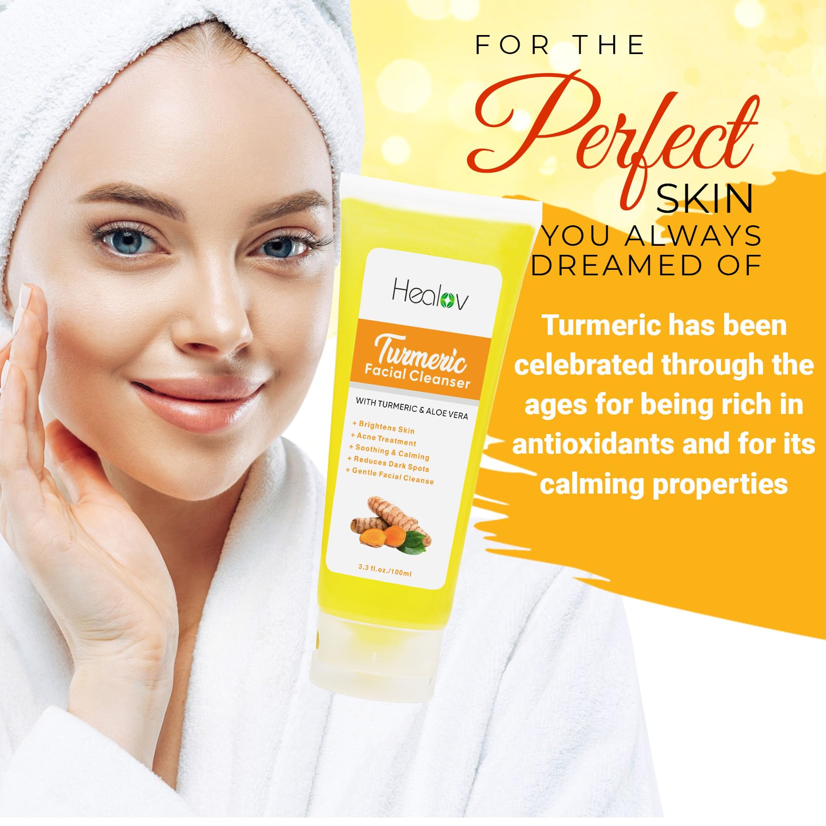 Herblov Turmeric Face Wash, Turmeric Clear Skin Liquid Soap - 100% Natural Anti Aging Exfoliating Facial Cleanser for Spots, Age