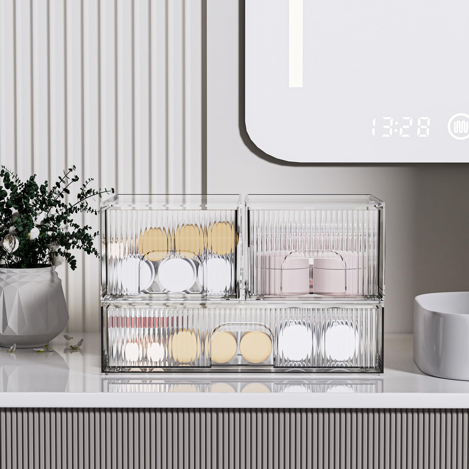 ZHIAI 3 Pack Clear Stackable Cosmetic Organizer with Acrylic Drawers for Cosmetics and Small Items for Dresser, Vanity, Kitchen