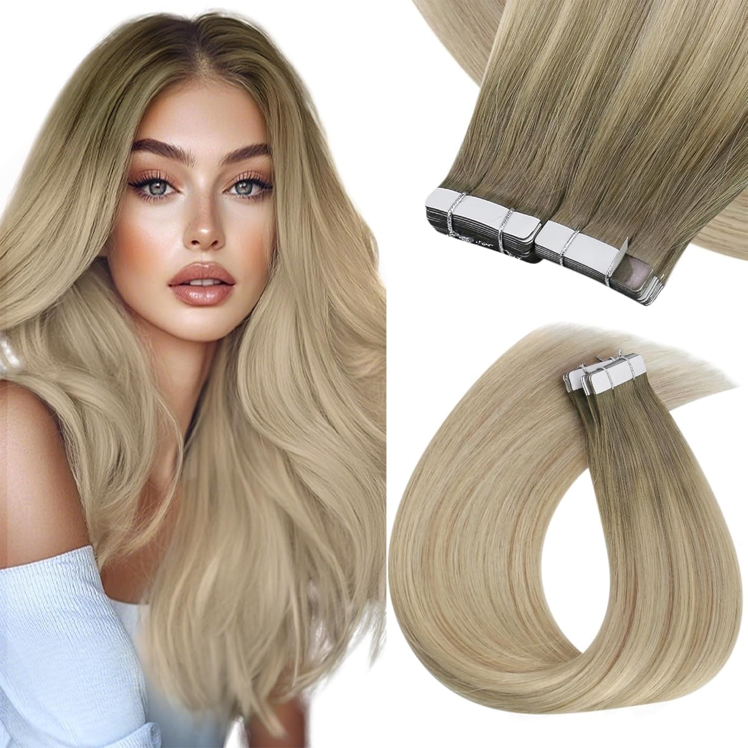 Sunny Hair Tape in Hair Extensions Real Human Hair Invisible Remy Hair Extensions Tape ins for Women Ash Blonde Root to Platinum