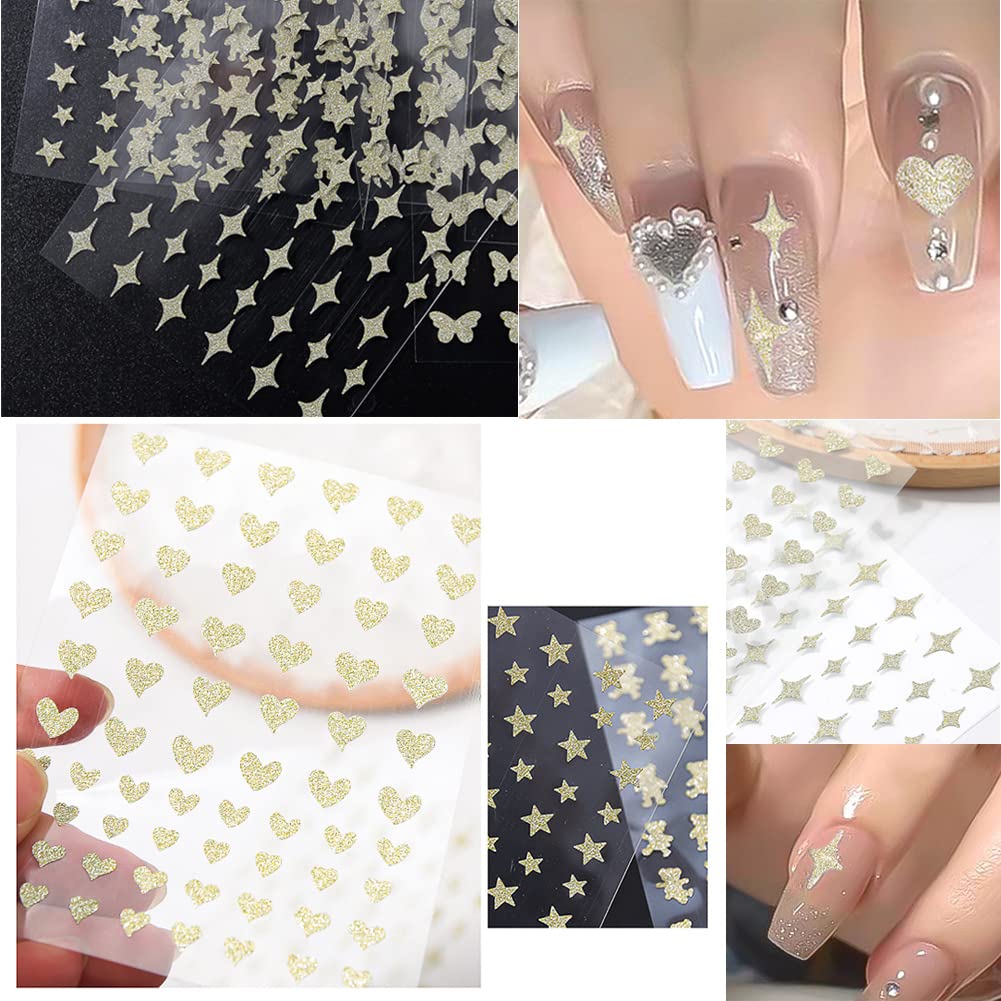 6 Sheets Gold Nail Art Adhesive Stickers,3D Metallic Self-Adhesive Nail Decals Heart Butterfly Flame Star Glitter Nail Art Desig