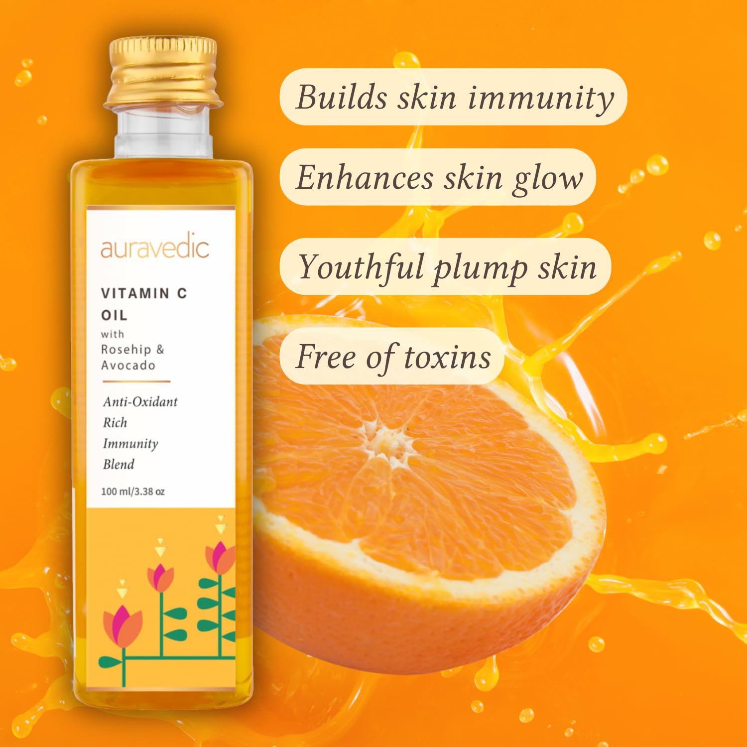 Auravedic Vitamin C Face Oil | with Rosehip, Avocado and Vitamin E | Natural & Organic Skin Moisturizer | Ayurvedic Facial Massa