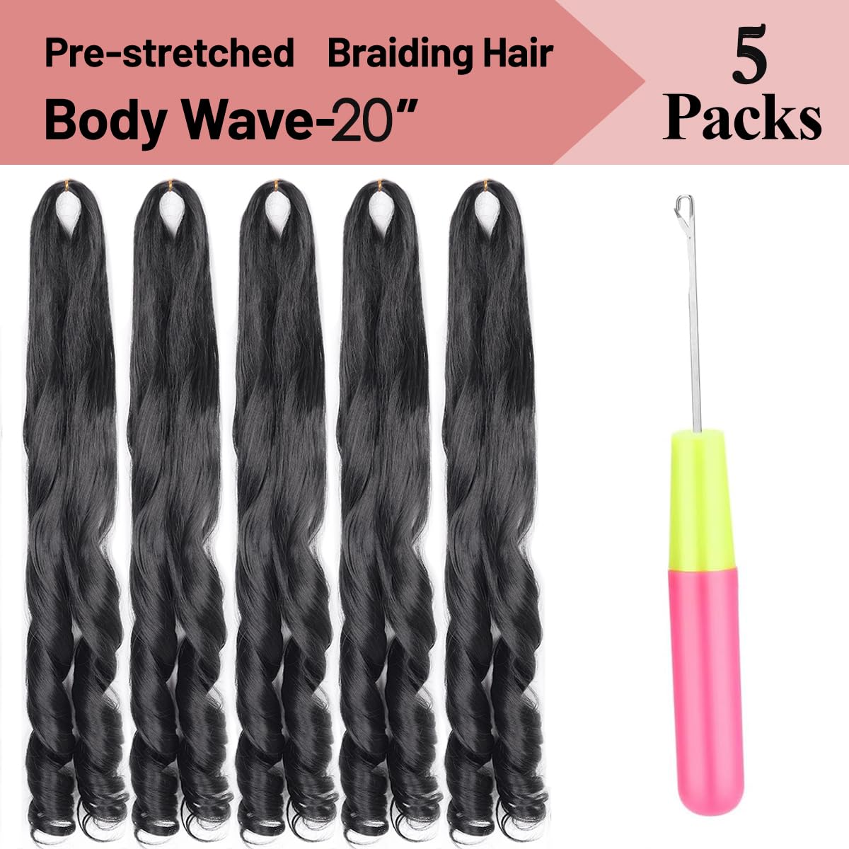 French Curly Braiding Hair,#1B 20Inch Black Loose Wavy 5Packs Black Bouncy Hair Extensions 75G/Pack French Curl Braiding Hair Sy