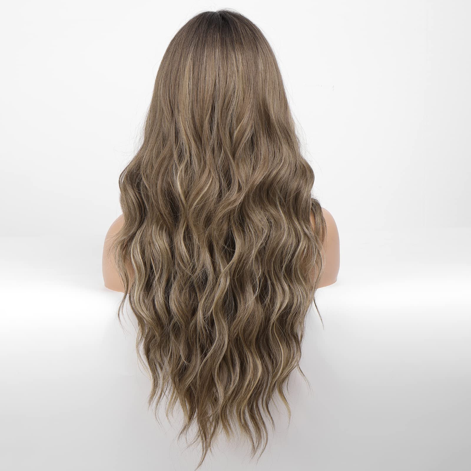 Haircube Brown With Blonde Highlight Wig Long Curly Wig With Bangs Brown Wig Natural Appearance Heat-Resistant Synthetic Wig Sui