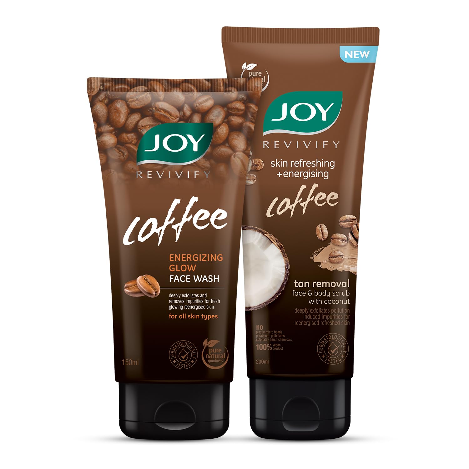 Joy Revivify Coffee Energizing Glow Face Wash And Tan Removal Face & Body Scrub Combo, 150Ml And 200Ml