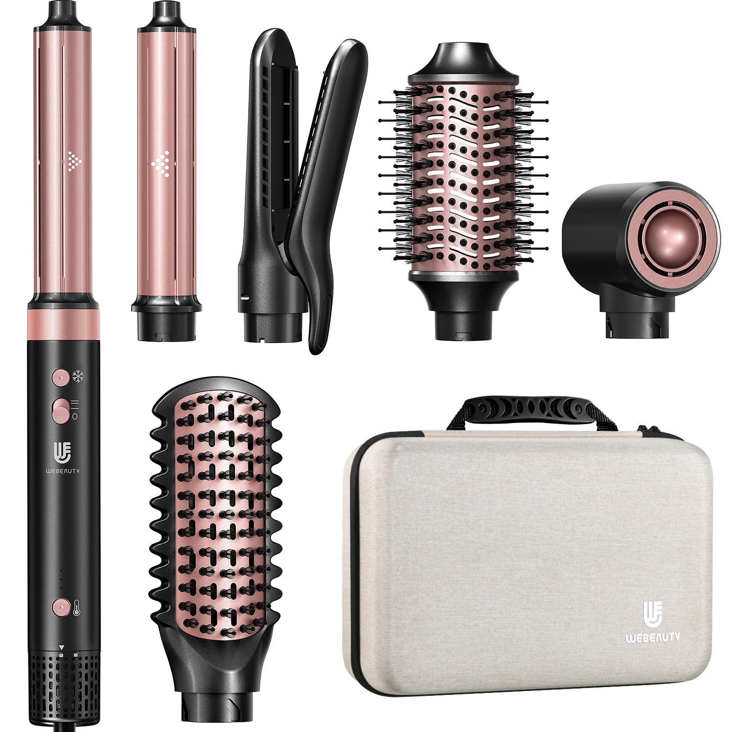 Hair Dryer Brush Air Styler: Dual Voltage 7 in 1 Ionic Multi Styling Tools with Hot Air Straightener, Auto Wrap Curlers, FrizzF