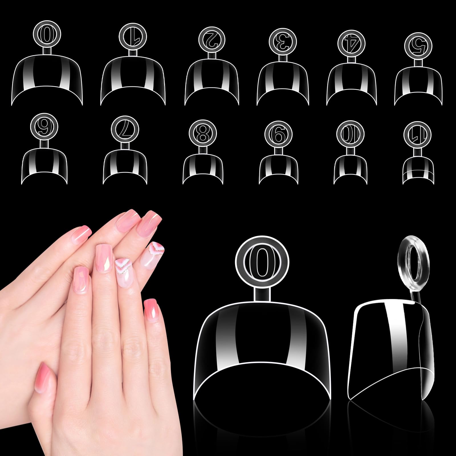LIONVISON 600PCS Short Nail Tips Half Cover: Clear Square Nail Tips with Handles for Acrylic Nail Salon with Box 12 Sizes