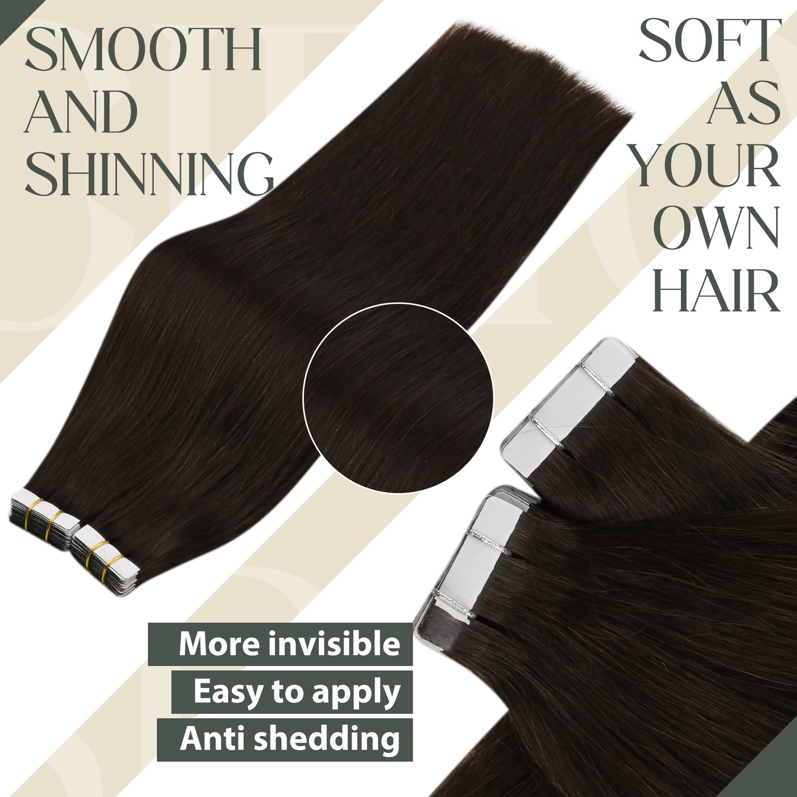 Sunny Hair Tape in Hair Extensions Real Human Hair Invisible Remy Hair Extensions Tape ins for Women Darker Brown 18 inch 20Pcs
