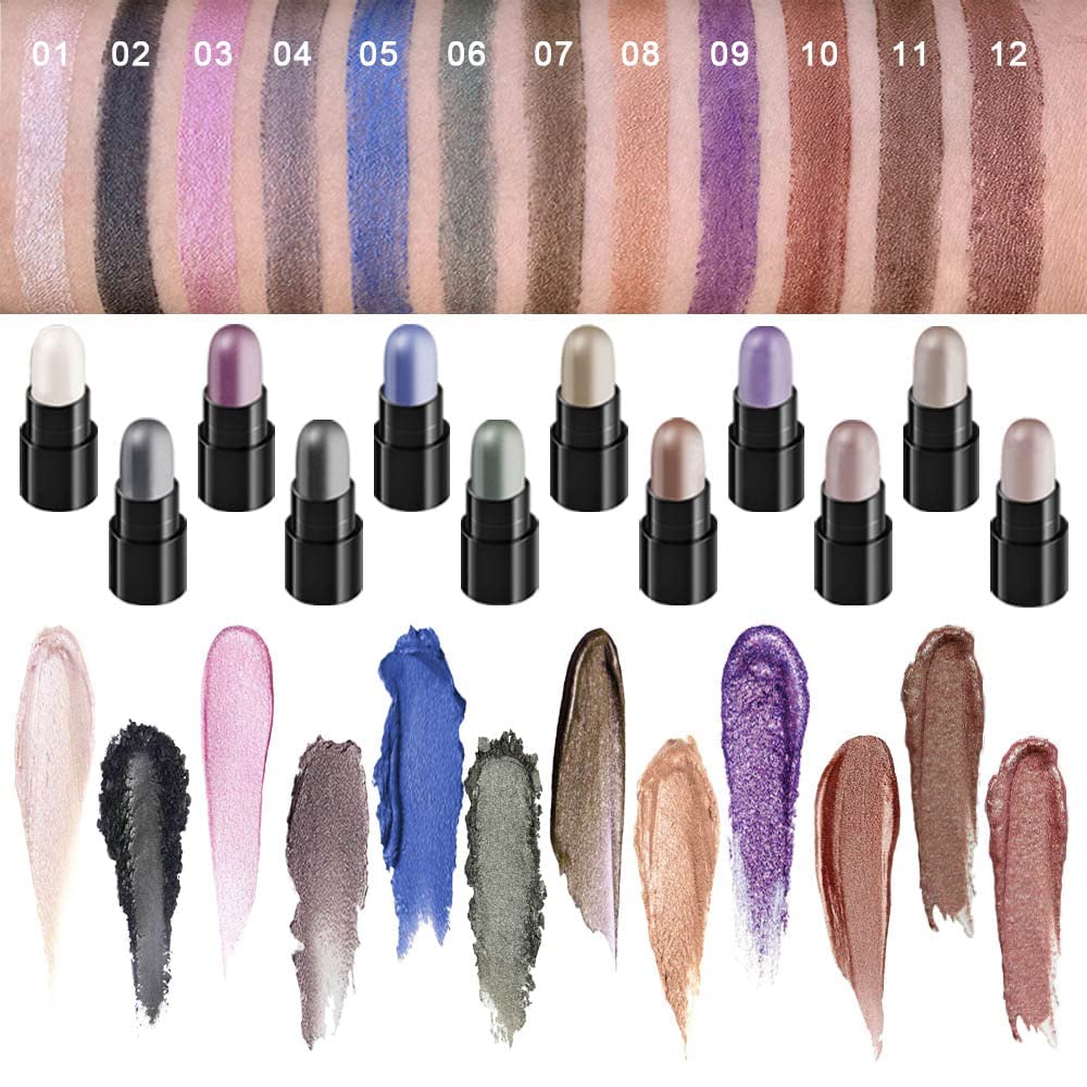 Amy'S Diary 12 Colors Glitter Eyeshadow Stick Pen Makeup Set, Smoky Eye Shadow Pencil Crayon Dnm Waterproof Gold Gray Silver Whi
