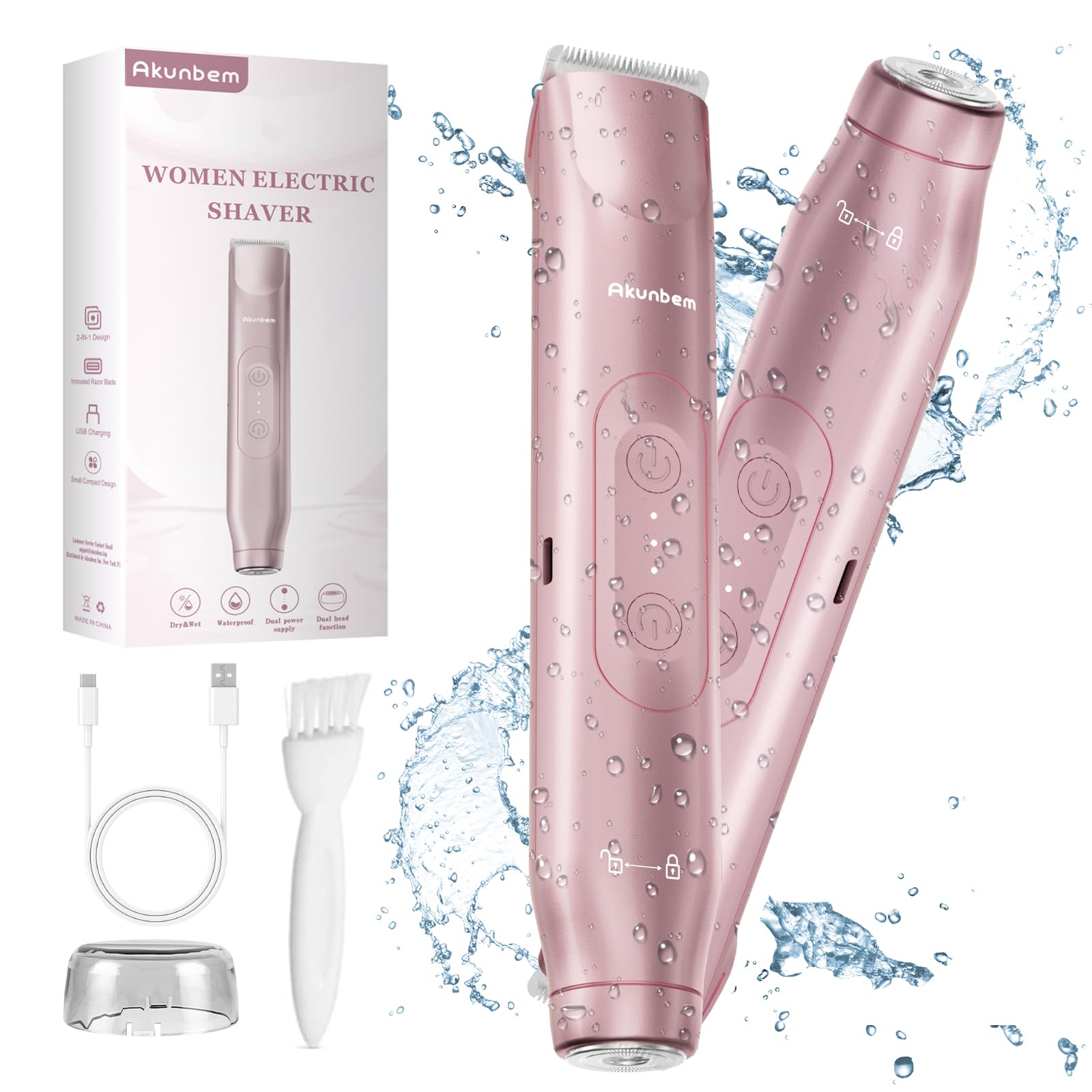 Akunbem 2 In 1 Women Electric Shaver Dual Head Bikini Trimmer For Women Ipx7 Waterproof Wet & Dry Use Body Hair Trimmer And Faci