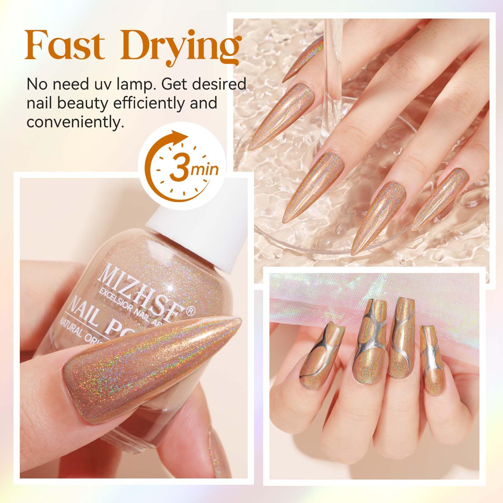 Mizhse Holographic Nail Polish, Light Brown Shimmery Nail Polish Non Gel, Air Dry Fast Glossy Shiny Nail Pigment Oil-Based Laser