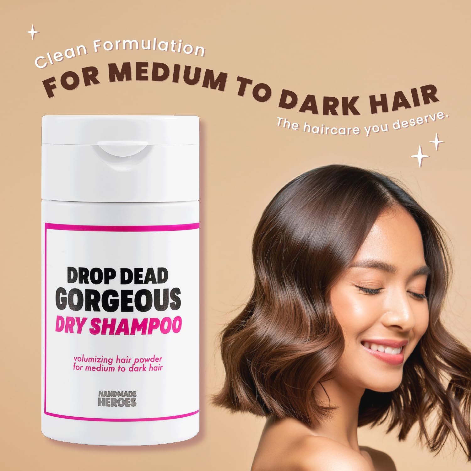 Handmade Heroes Non Aerosol Dry Shampoo Powder, 1.8oz, 100% Natural & Vegan, For Medium to Dark Hair, Model HHDS008