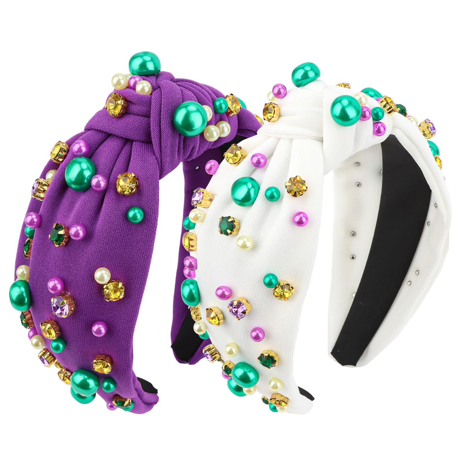 Wecoe 2pcs Knot Headbands Pearl Rhinestone Wide Cloth Headbands Cute White Purple Head Bands Non Slip Fashion Sparkly Beaded Hai