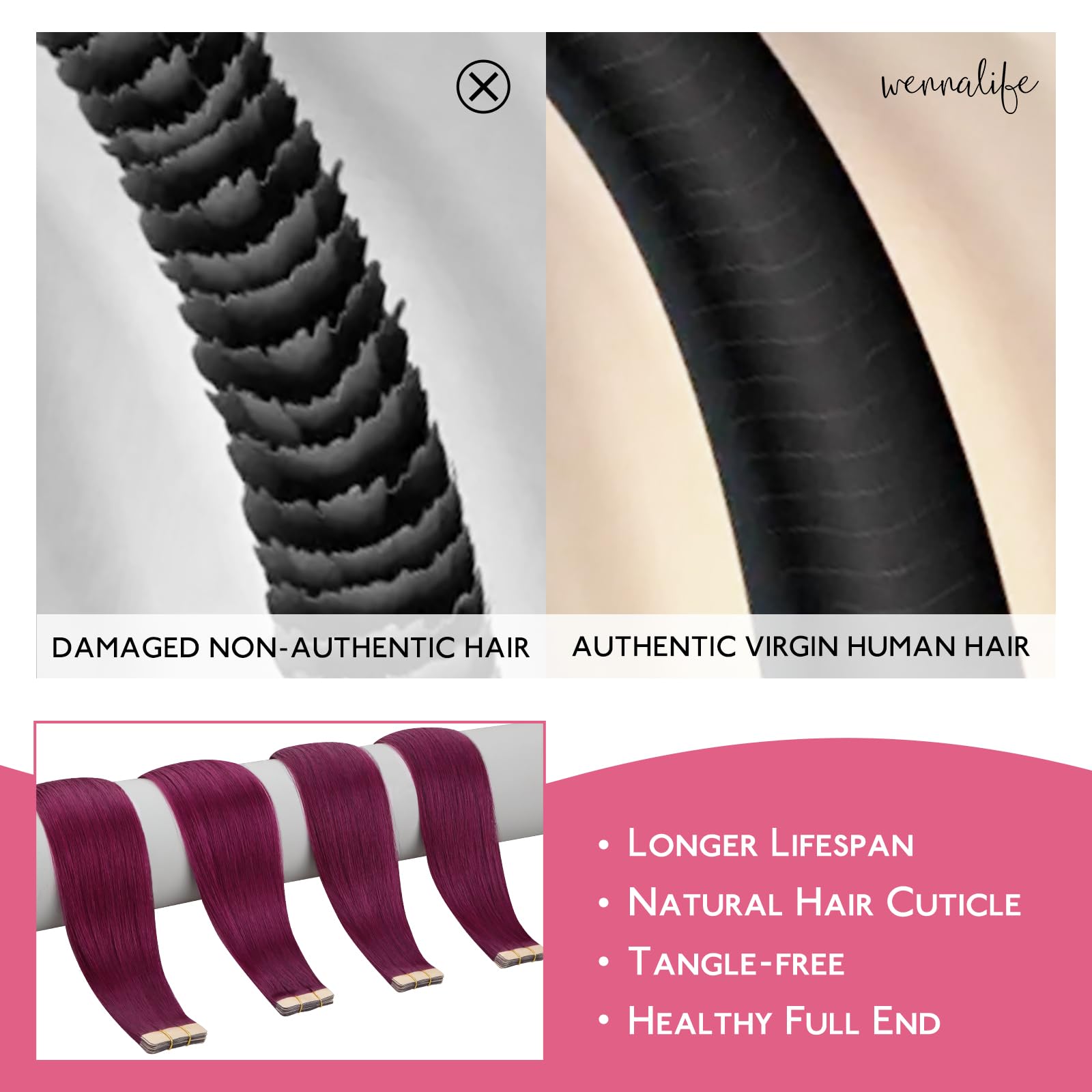 Wennalife Tape In Hair Extensions Human Hair Light Burgundy Tape In Extensions, 10Pcs 25G 18 Inch Remy Invisible Tape Ins Straig