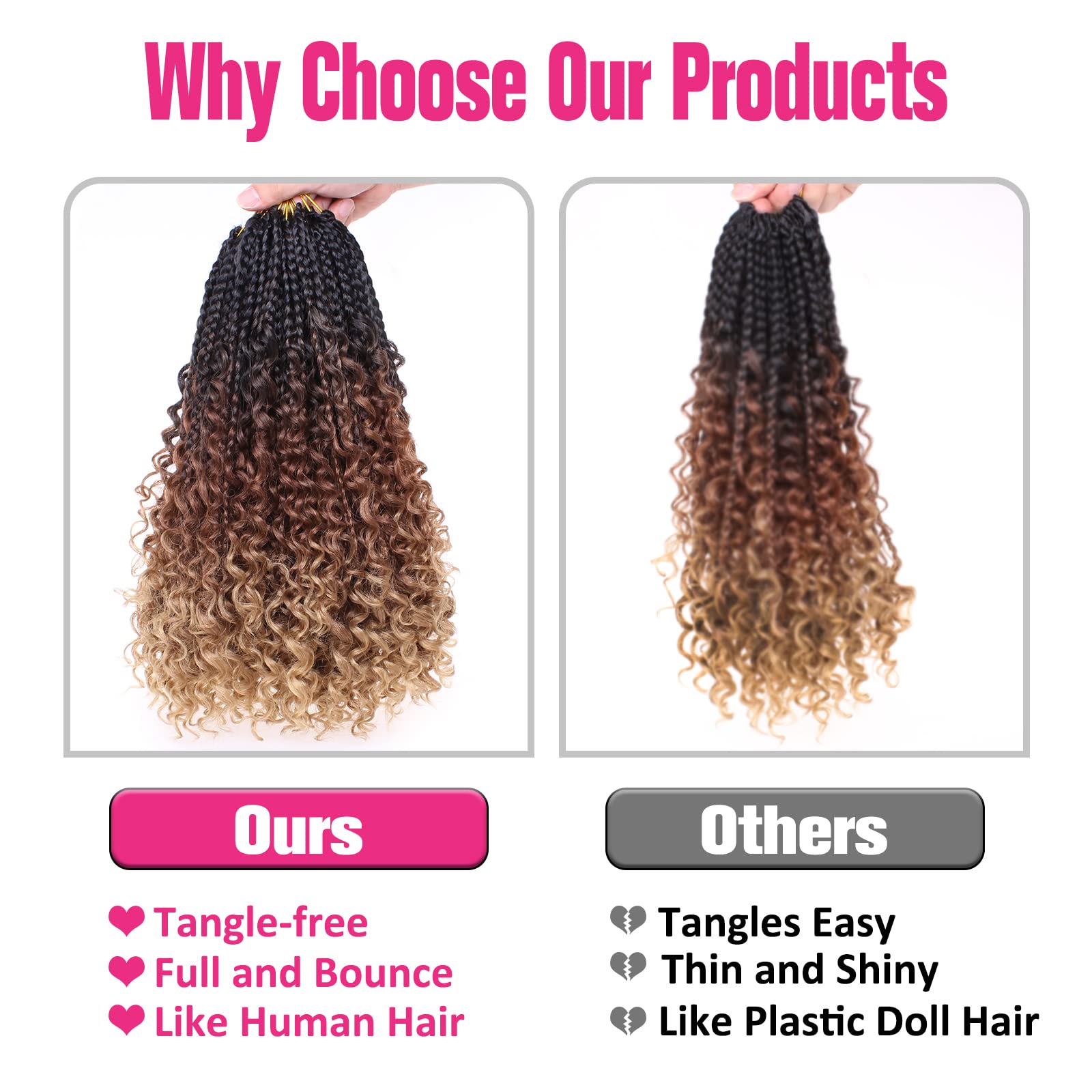 Unionbeauty 8 Packs 14 Inch Boho Box Braids Crochet Hair With Curly Ends Bob Bohemian Hippie Braids Pre-Looped Messy Goddess Box