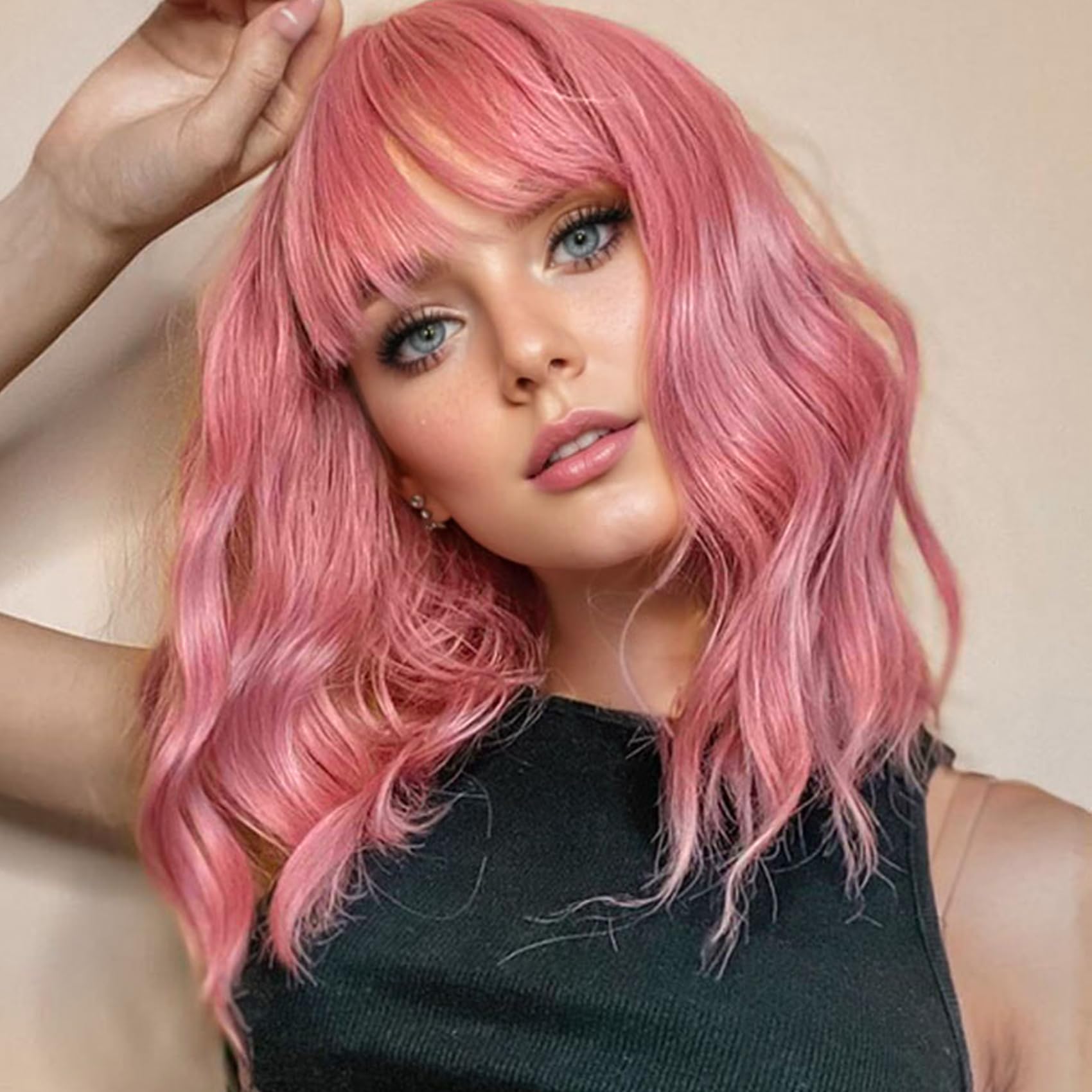 Vckovcko 14Inches Loose Wave Bob Wig Wavy Pink Bob Wig With Air Bang Curly Hair Wigs Synthetic Cosplay Party Wigs For Women (14I