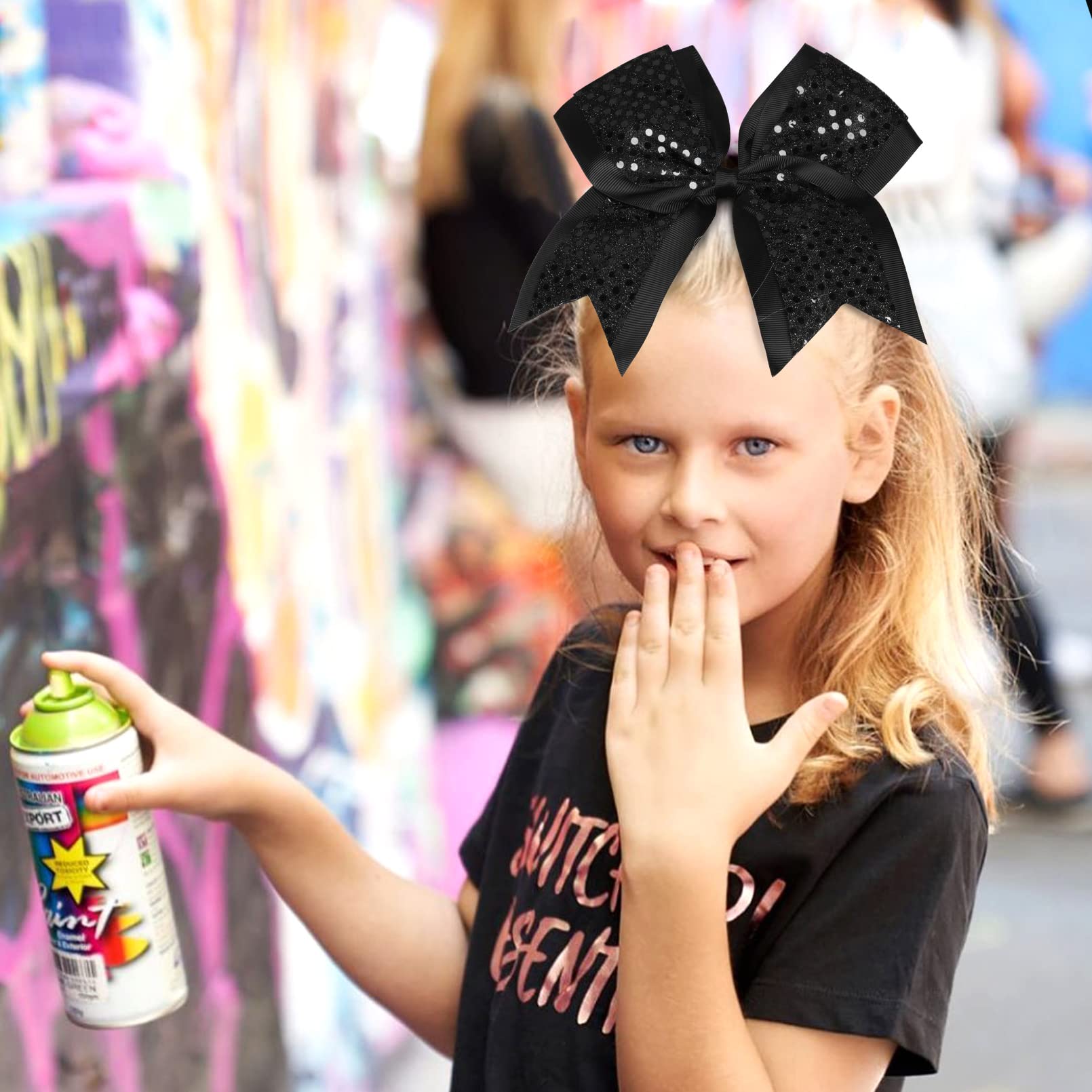 10 Pcs 8'' Large Glitter Cheer Bows Shiny Girl Hair Bows Ponytail Holder Sparkly Black Cheerleading Softball Team Bow Hair Acces