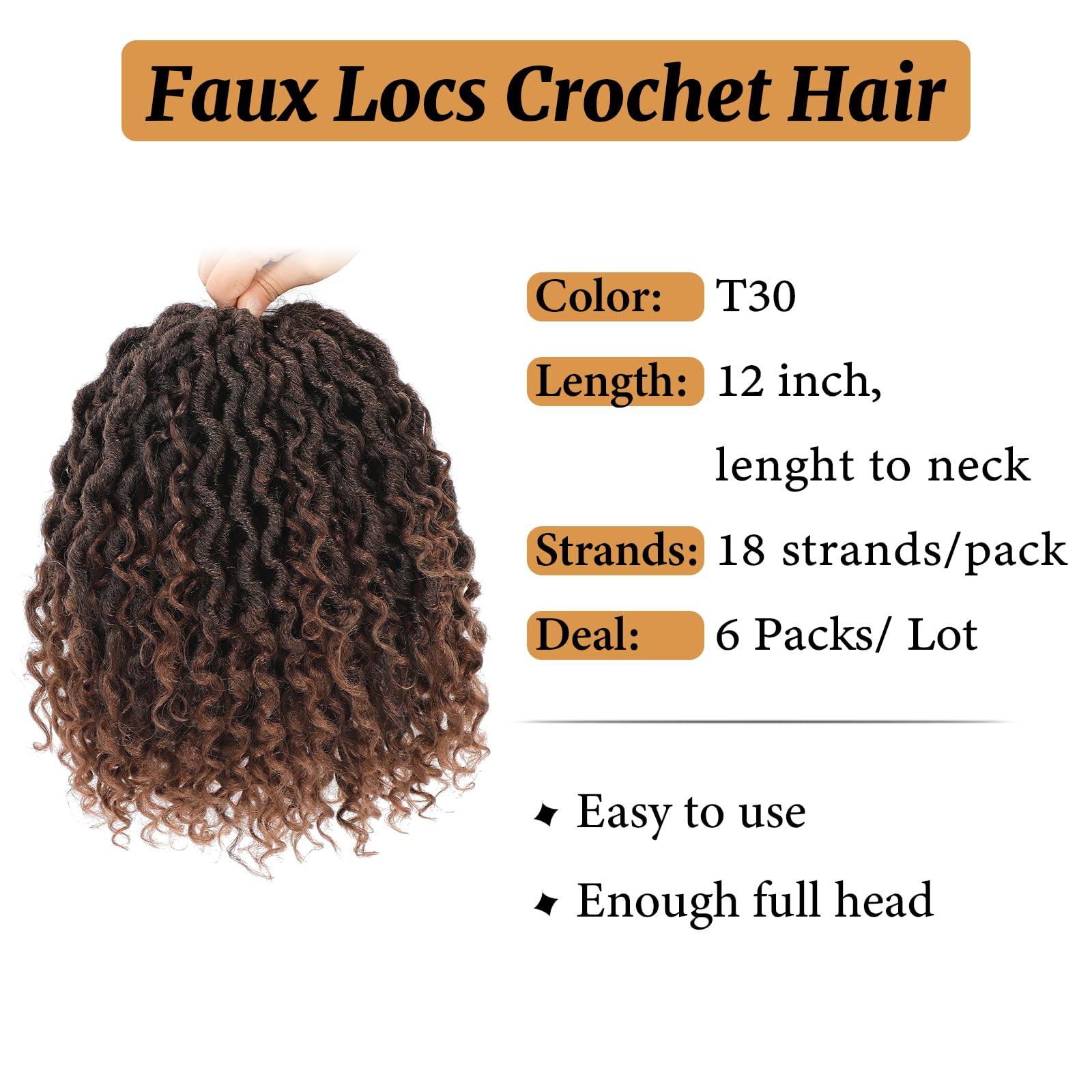 Forevery 12 Inch Goddess Locs Crochet Hair - T1b/30, Synthetic, Pre-Looped, 6 Packs with Curly Ends for Black Women