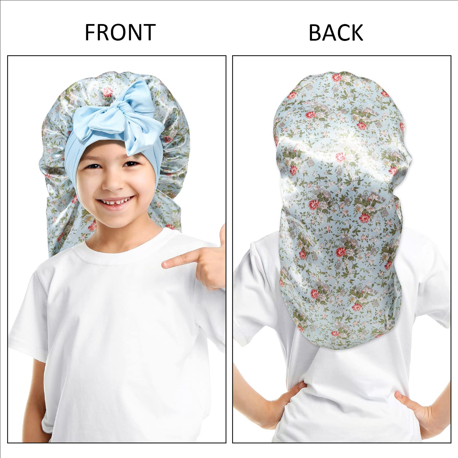 Awaytr Long Toddler Silk Bonnet For Sleeping Elastic Satin Bonnets For Curly Hair Braid Bonnet Night Cap For Aged 3-12 Kids (Flo