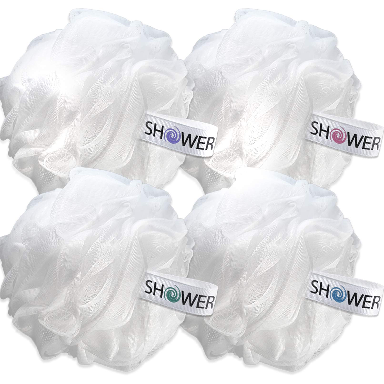 Loofah Soft-White-Cloud Bath-Sponge Xl-75G-Set By Shower Bouquet: 4 Pack, Extra Large Mesh Pouf For Men And Women - Exfoliate Wi