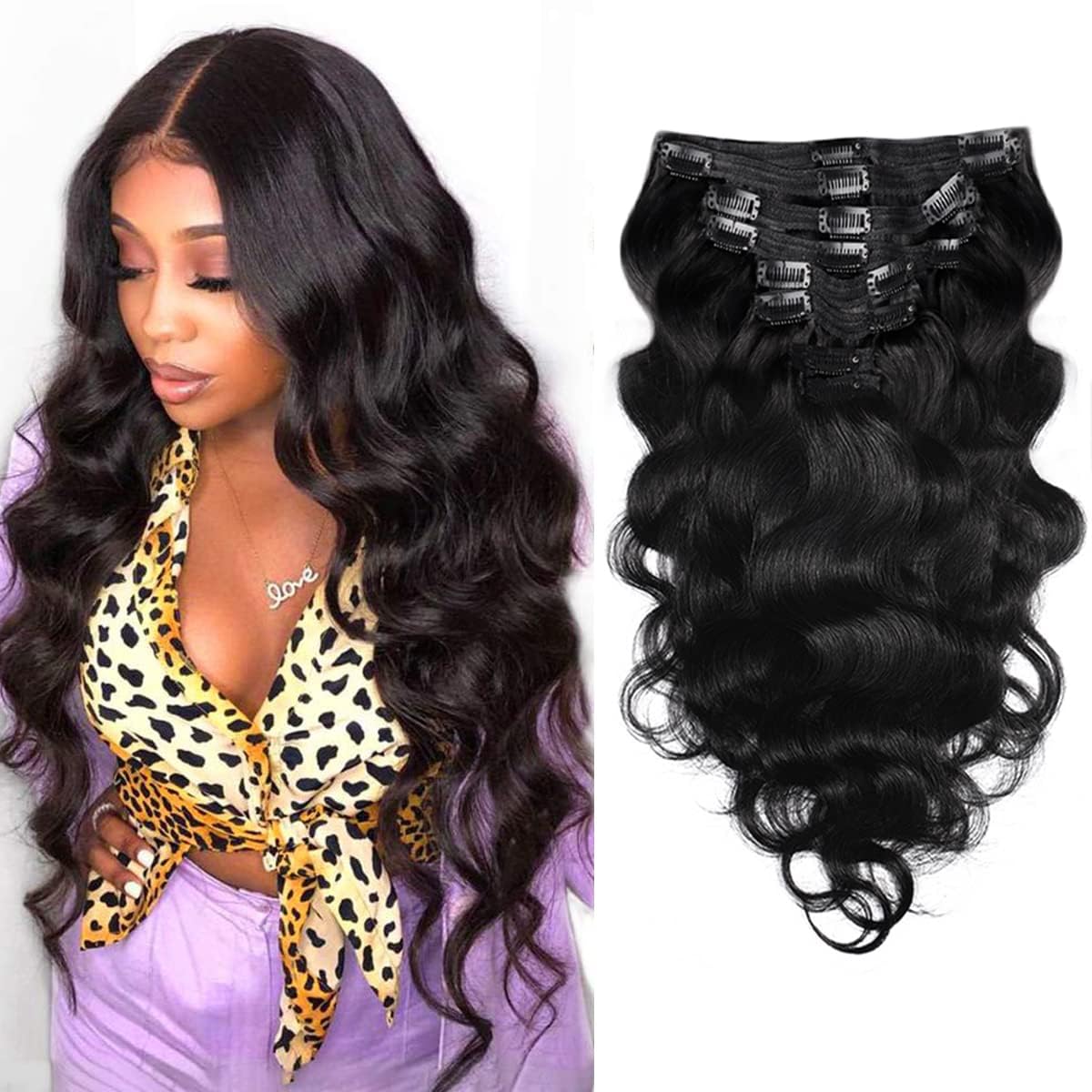 Pobokix 30Inch Clip in Hair Extensions Real Human Hair Body Wave 8Pcs Brazilian Human Hair Clip in Extensions with 18Clips Doubl