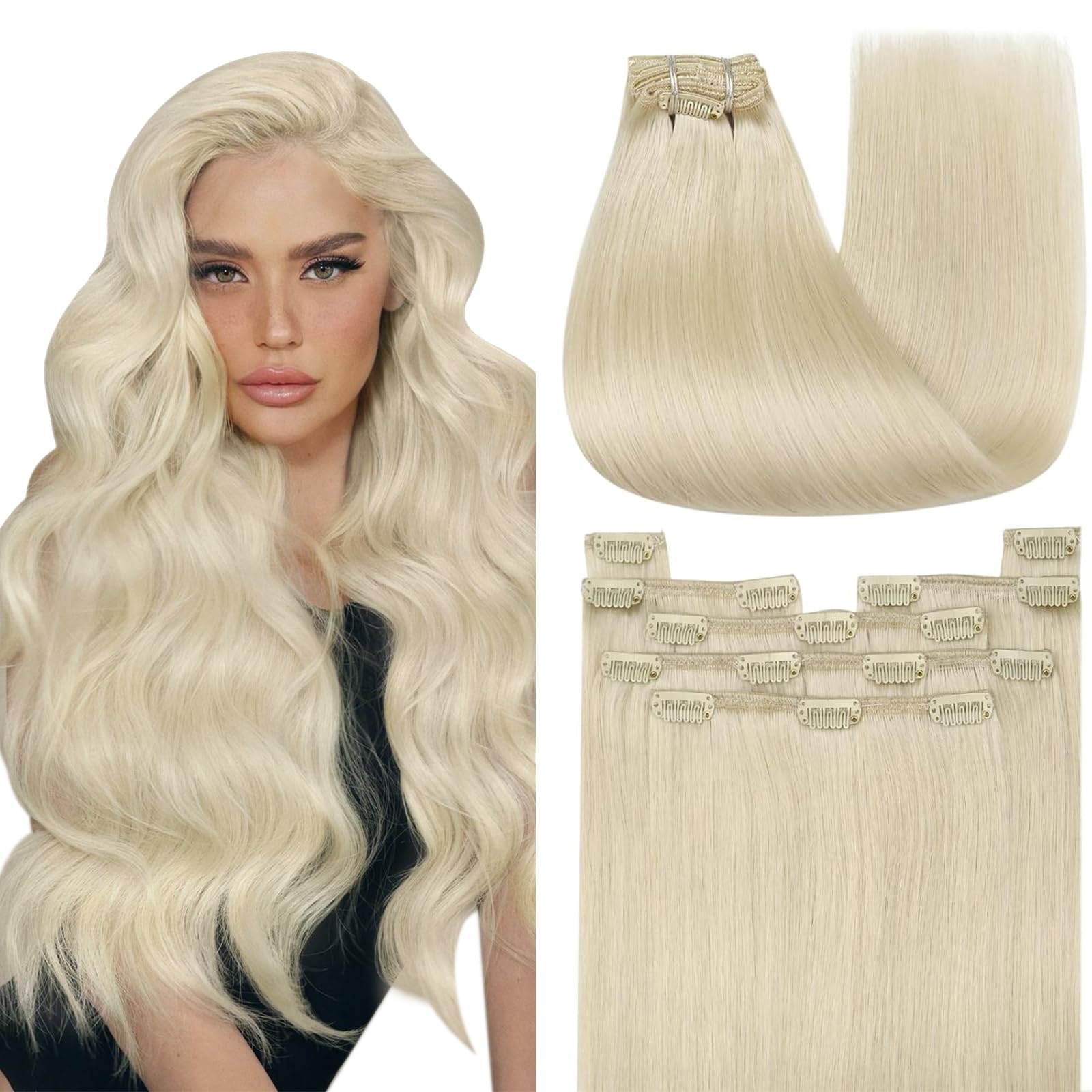 YoungSee 150G Human Hair Clip in Extensions Platinum Blonde, 22 Inch 7Pcs Clip-in Hair Extensions, Long Straight Blonde Hair for