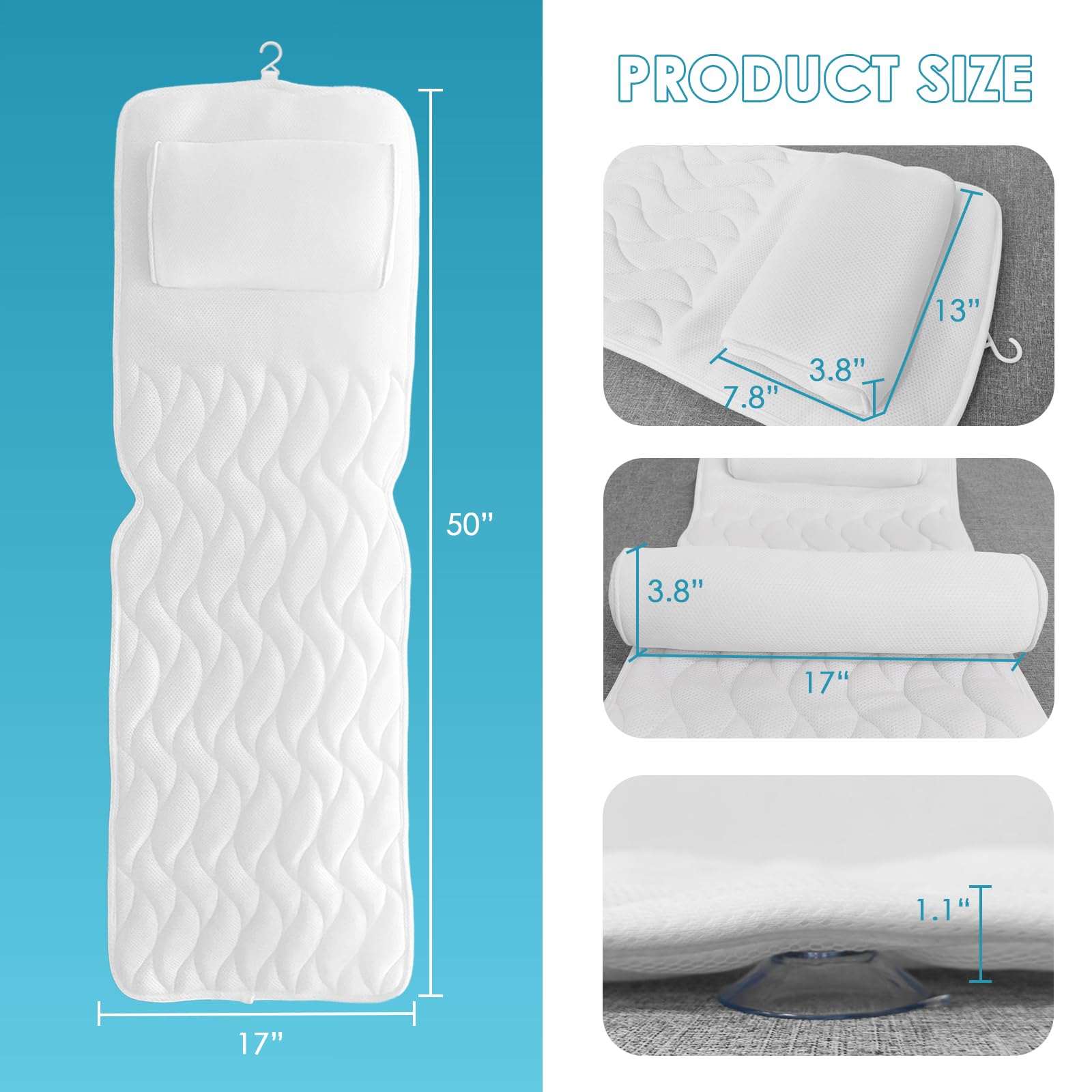 Aeroivi Full Body Bath Pillow With Lumbar Pillow Bathtub Cushion With 14 Suction Cups 3D Air Mesh Fit Any Tub Luxury Bathroom Ac