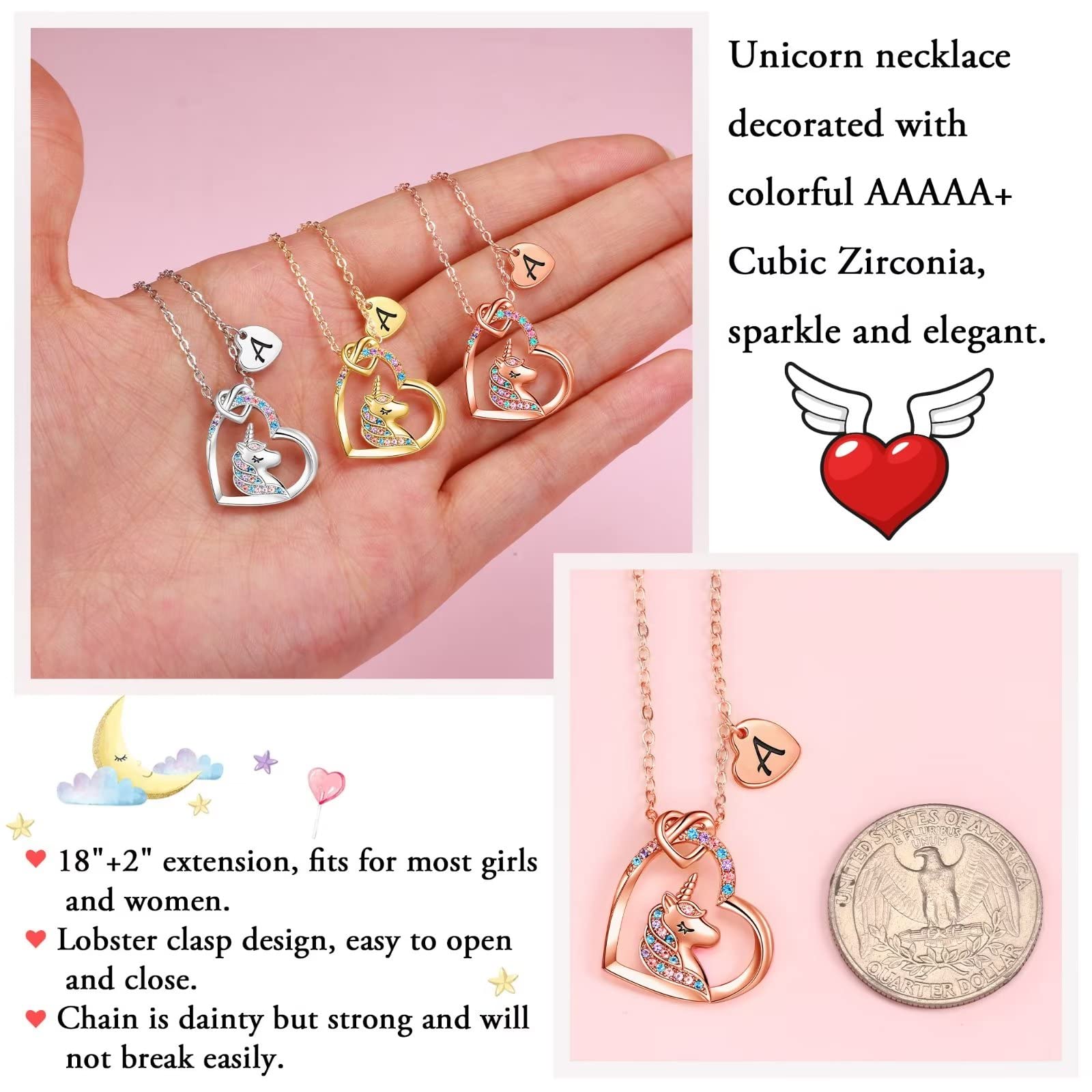 Unicorns Gifts for Girls Women, 14K Rose Gold Plated Initial L Pendant Heart Unicorn Necklace Girls Jewelry Letter Unicorn Neckl