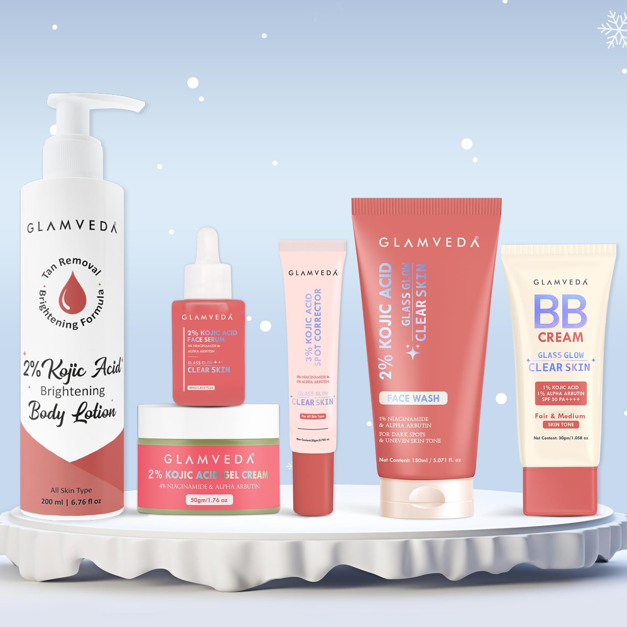 Glamveda 2% Kojic Acid 6 Step Skincare Kit For Glowing Skin | Facewash, Serum, Spot Corrector, Body Lotion, Cream, Bb Cream (Fai