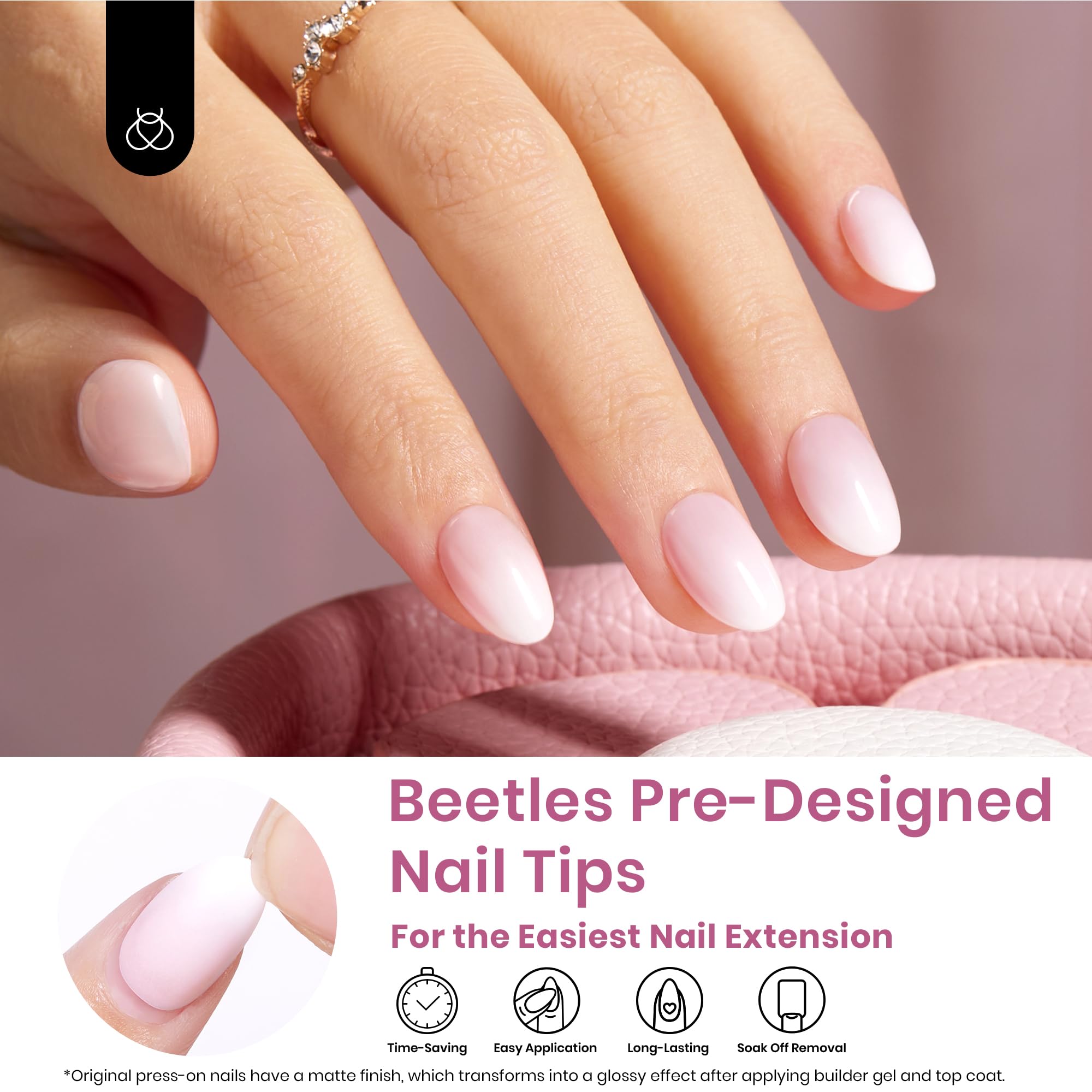 Beetles French Tip Press On Nails, 16 Sizes 224 Pcs Ombre Pink Extra Short Almond Press On Nails 4 In 1 Gel Nail Tips Pre-Applie