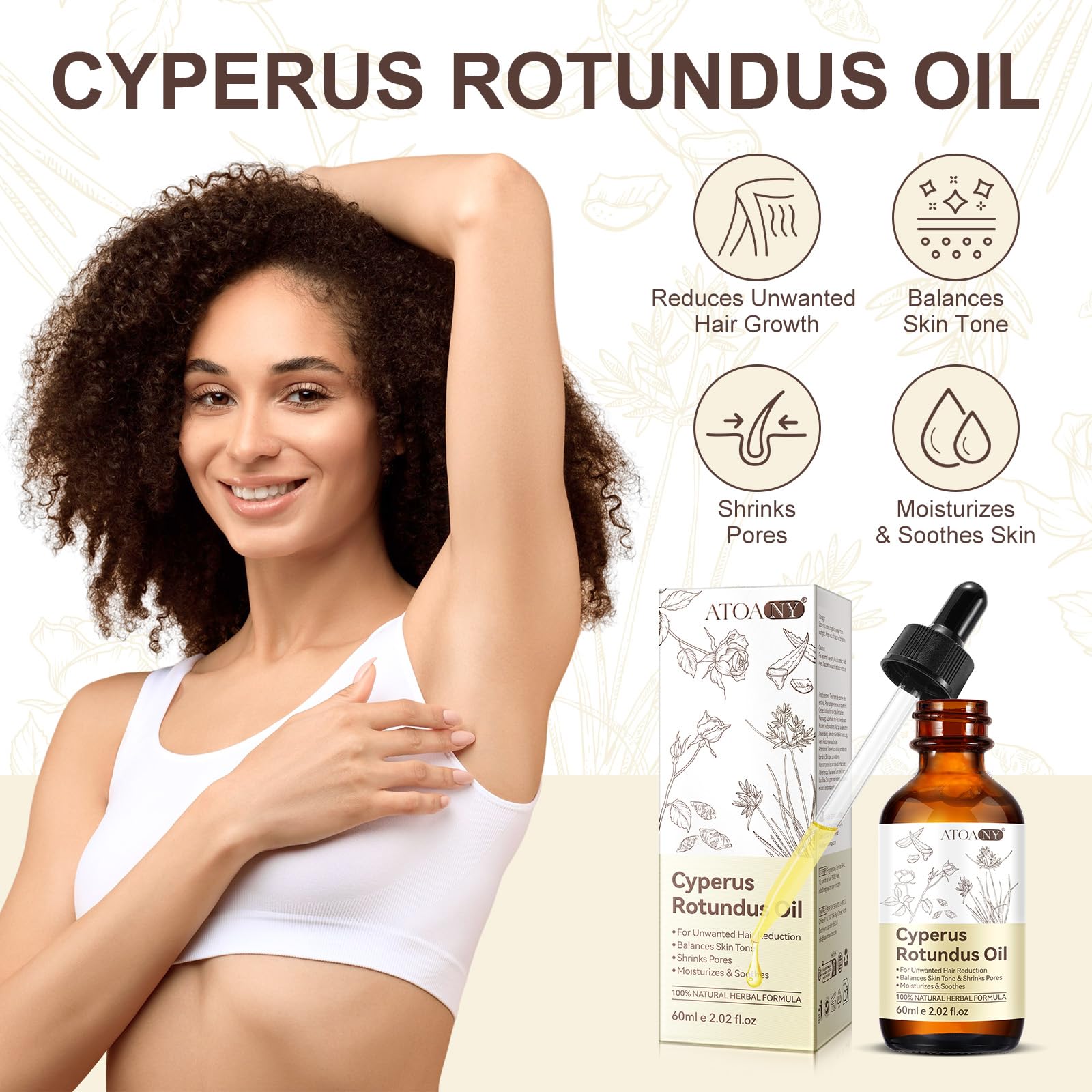 Cyperus Rotundus Oil, Natural Nut Grass Cyprus Oil for Reducing Body Hair Growth, Smooth Skin & Hairs Removal, Moisturizing & So